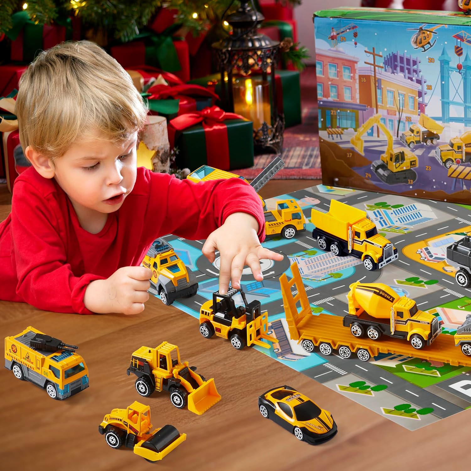JOYIN 2025 Christmas Advent Calendar Engineering Vehicle, 24 Days Christmas Countdown Alloy Construction Engineering Vehicle for Kids, Vehicles City Construction Cars, Xmas Party Favors Supplies