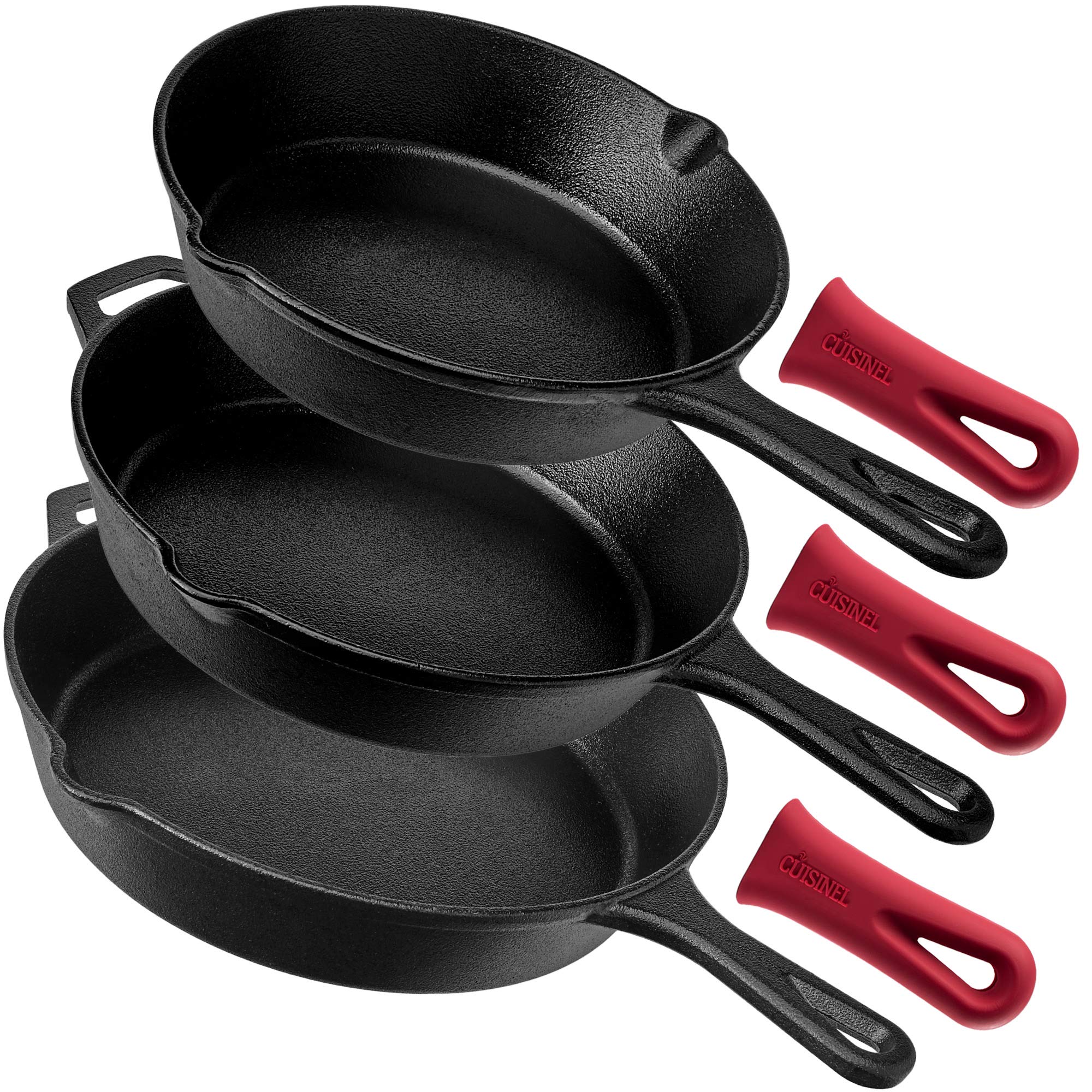 Pre-Seasoned Cast Iron Skillet 3-Piece Chef Set (8-Inch, 10-Inch, 12-Inch) Oven Safe Cookware - 3 Heat-Resistant Holders -...
