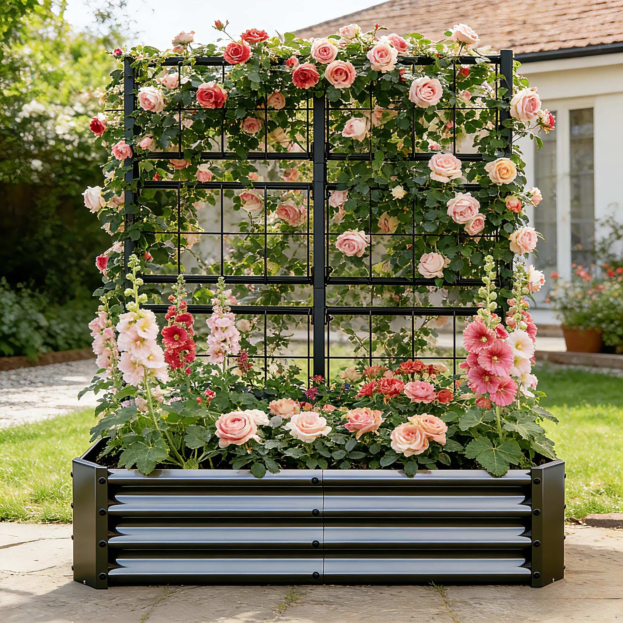 Galvanised Raised Garden Bed with Trellis,121×61×134CM Metal Planter with Trellis Attached, Heavy Duty Outdoor Garden Planter Box for Climbing Plants,Vegetables,Tomatoes,Cucumbers and Flowers,Black