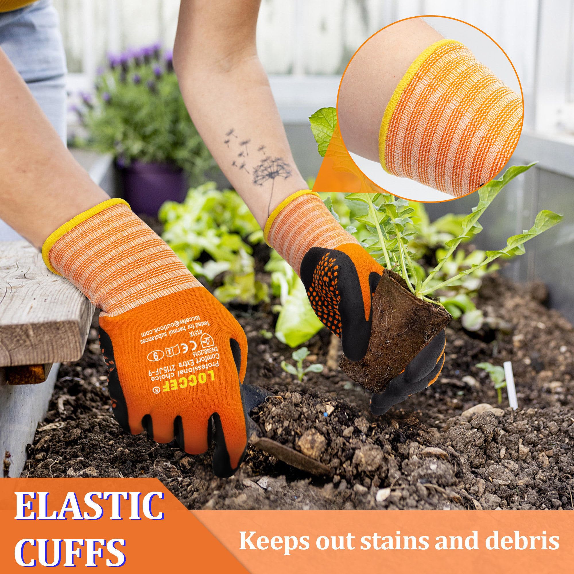 LOCCEF Guantes de trabajo con revestimiento de nitrilo de microespuma, 6 pares, nailon de punto sin costuras, puntos en la palma, guantes de agarre de puntos pegajosos, naranja, 9L