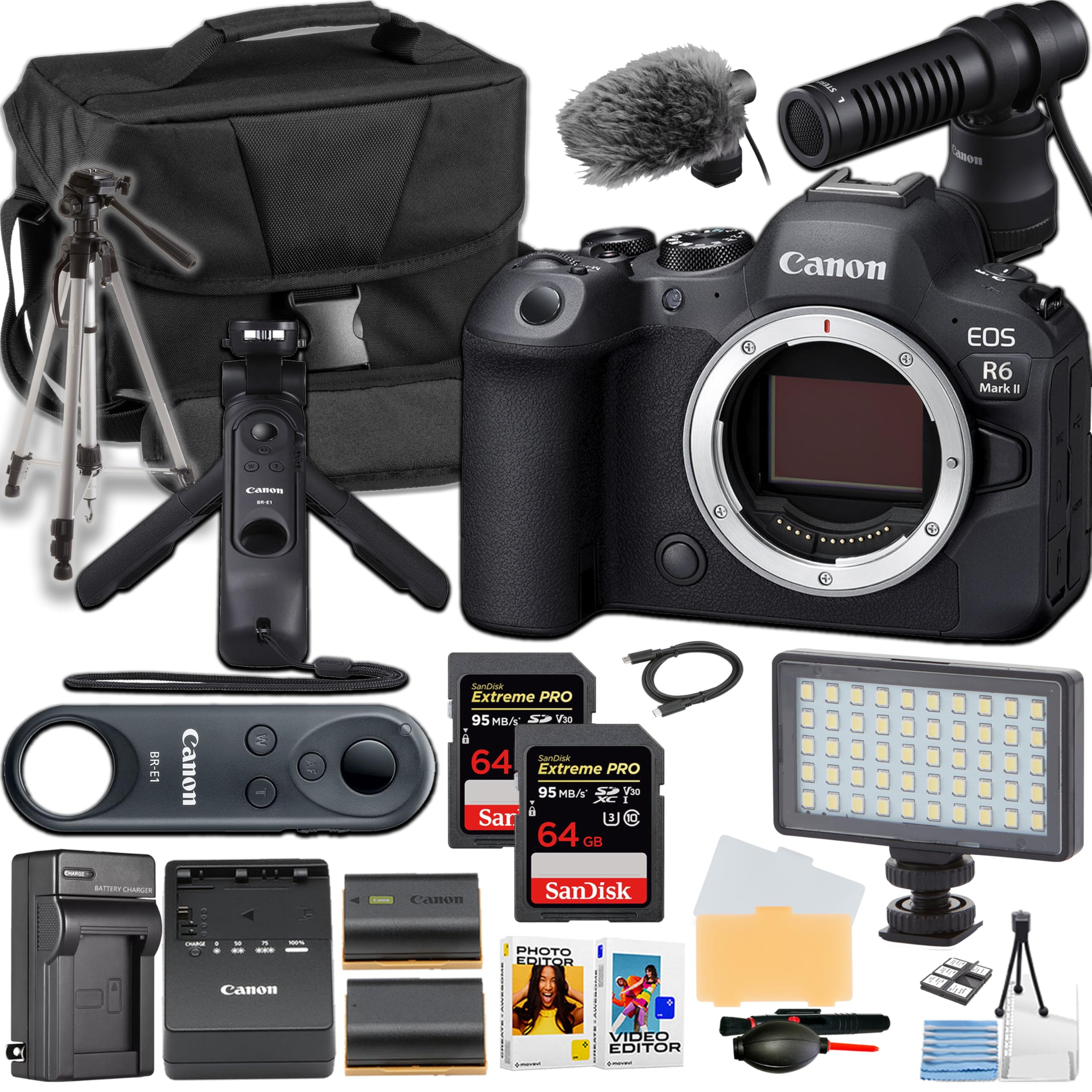Canon EOS R6 Mark II Mirrorless Camera Body ONLY + Canon Handgrip and Microphone + Camera Case + More (21pc Bundle) (Renewed)