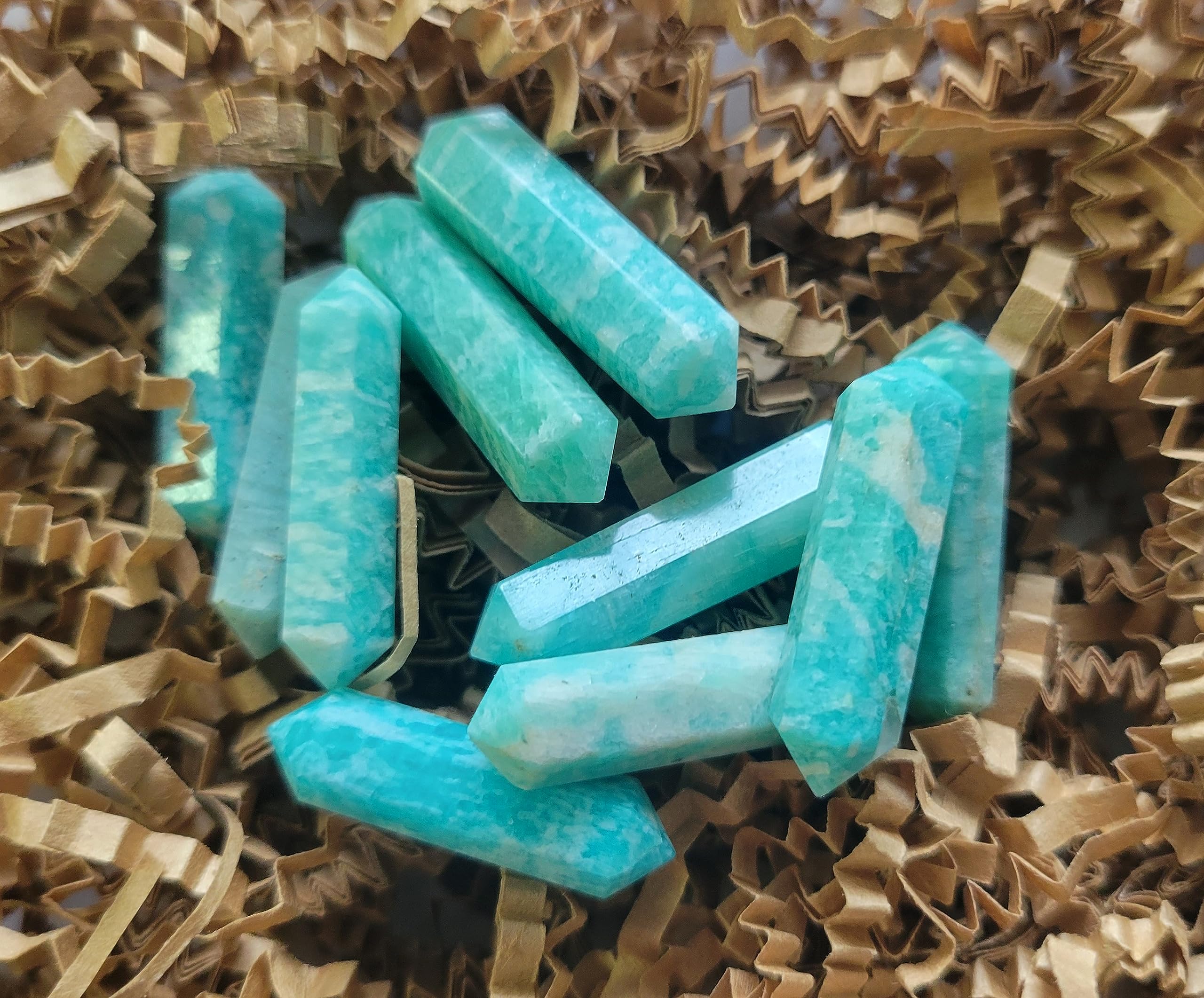 Pachamama EssentialsNatural Crystal Point 10 PCS Hexagonal Double Points Healing Reiki Stones Bulk - Pocket Stones Crystal Gemstones 10 Pcs - Jewelry Making (Amazonite)