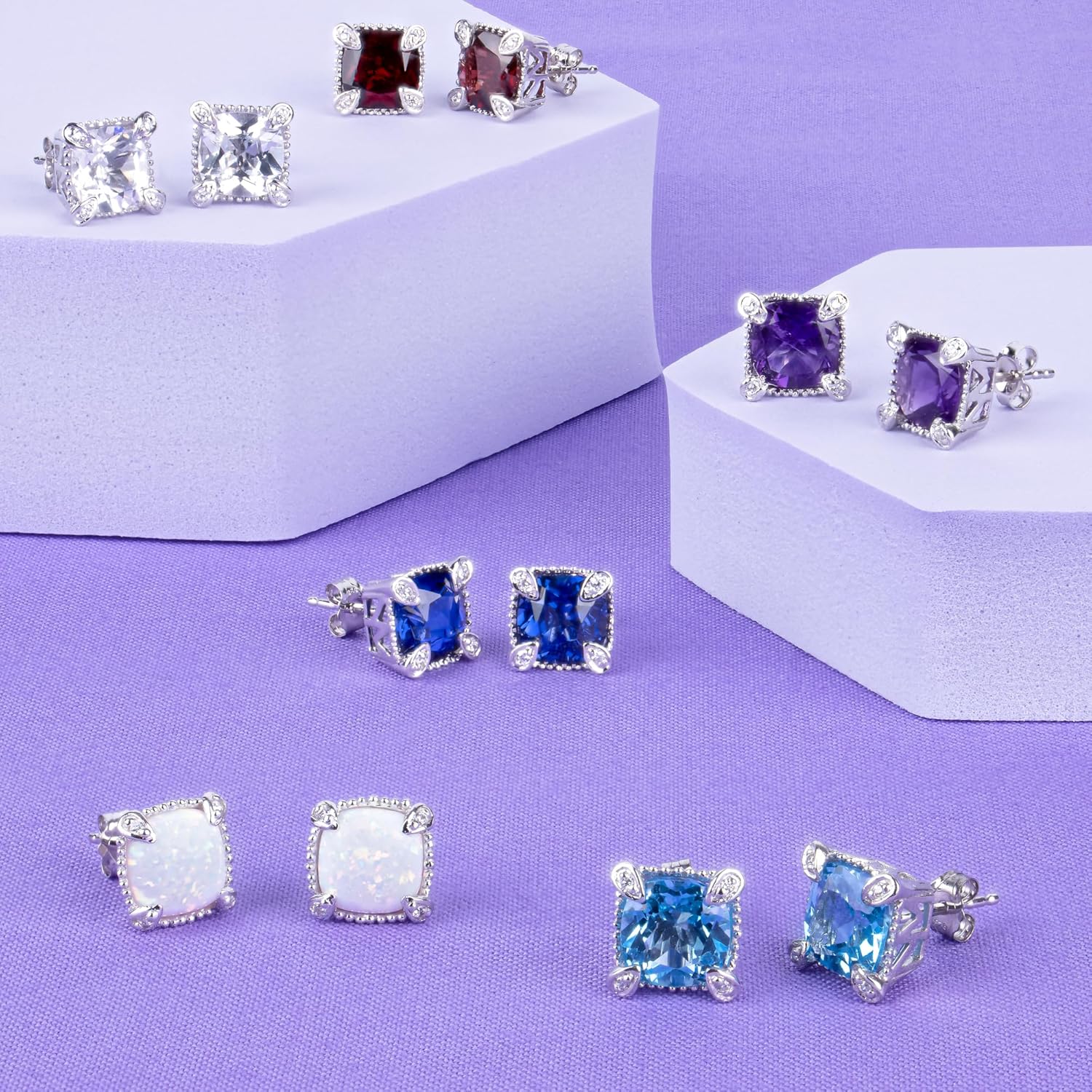 Purple Stud Amethyst Earrings for Women Genuine Gemstone February Birthstone 925 Sterling Silver Jewelry Hypoallergenic 2 CT Cushion Cut Push Back Studs Set Double Prong Nicole Miller Fine Jewelry - Image 6