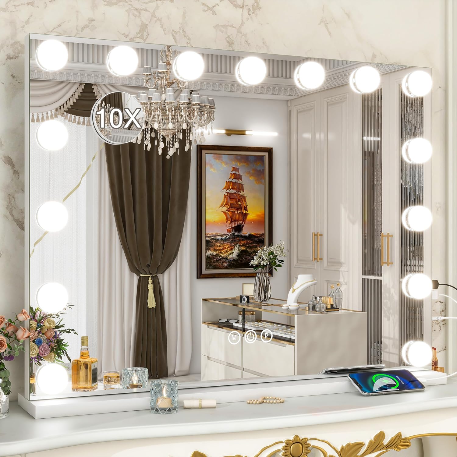 FENNIO Hollywood Vanity Mirror with Lights 32x25 Large Lighted Makeup Mirror 10X Magnification 15 Dimmable LED Bulbs and 3 Color Lighting with USB Charging Port for Desk Tabletop or Wall-Mounted White 32" x 25"