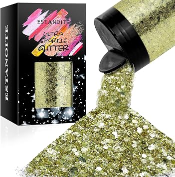 Chunky Glitter, 160G/5.64OZ Craft Glitter for Epoxy Resin, Mixed Fine Glitter & Chunky Glitter, Metallic Chunky Glitter for Hair, Nail Arts, Body, Bulk Glitter for DIY Tumbler Painting Honey Gold