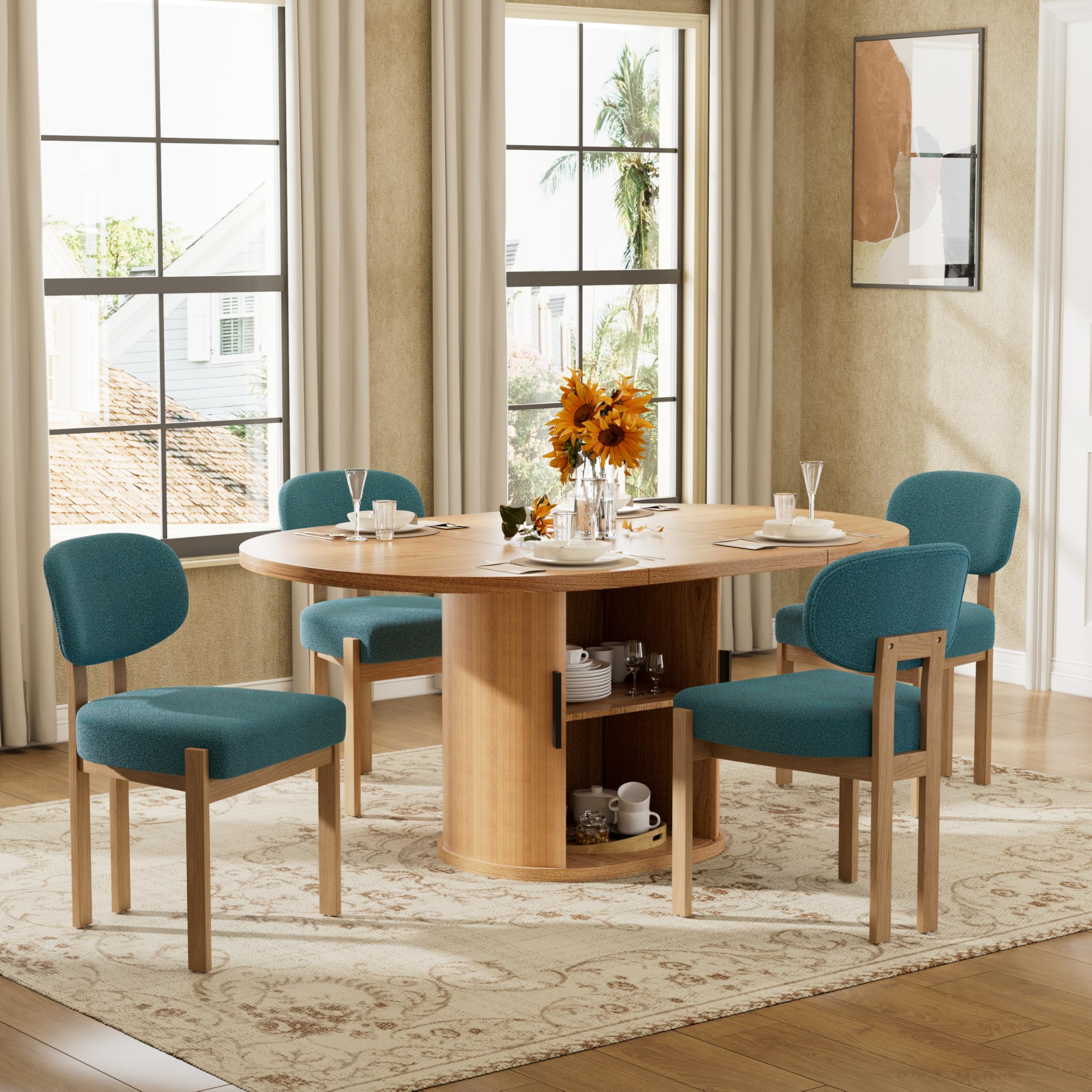 Large Retro Dining Table Set for 4, Modern Oval Kitchen Table Set with 4 Upholstered Chairs, Solid MDF Table with 2-Layer Storage Shelf and Wood Slide Door, Luxury Blue Chenille Chairs