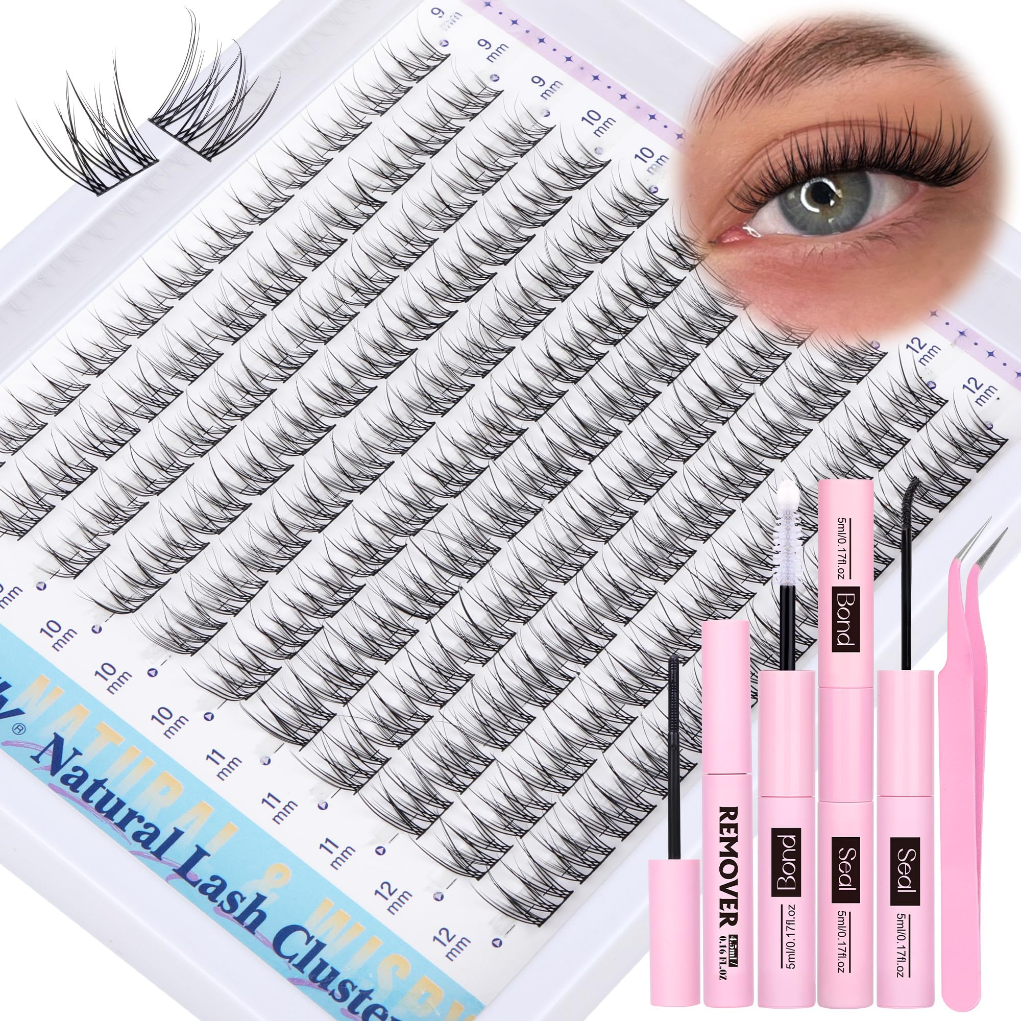 Natural Lash Clusters Kit DIY Lash Extension Kit Wispy Eyelash Extension Kit C-curly Individual Lashes Kit 9-12MM Short Eyelash Clusters with Lash Remover by Newcally