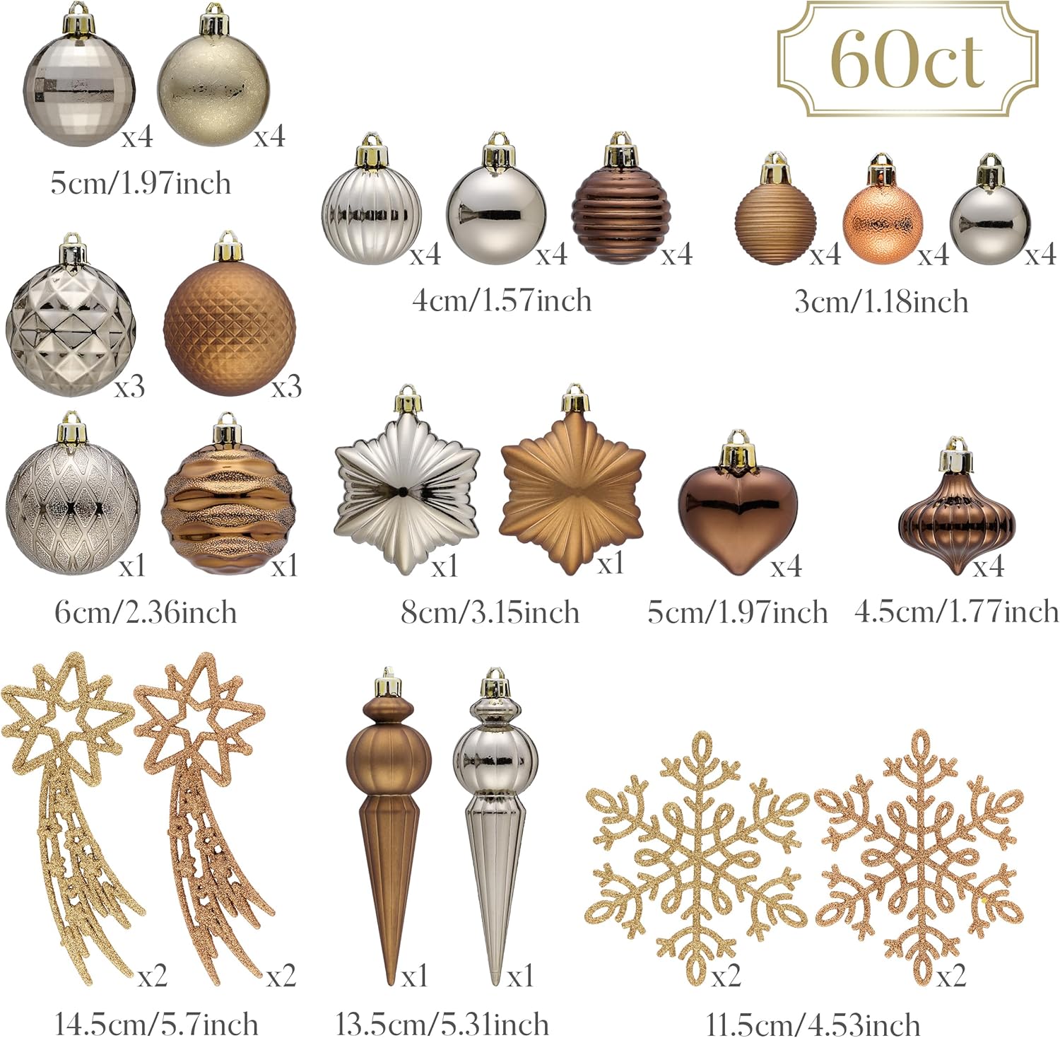 Valery Madelyn 60ct Christmas Tree Decorations Ball Ornament Set, Bronze Copper Brown Gold Shatterproof Hanging Ornaments Bulk for Fall Thanksgiving Autumn Harvest Xmas Holiday Party Decor
