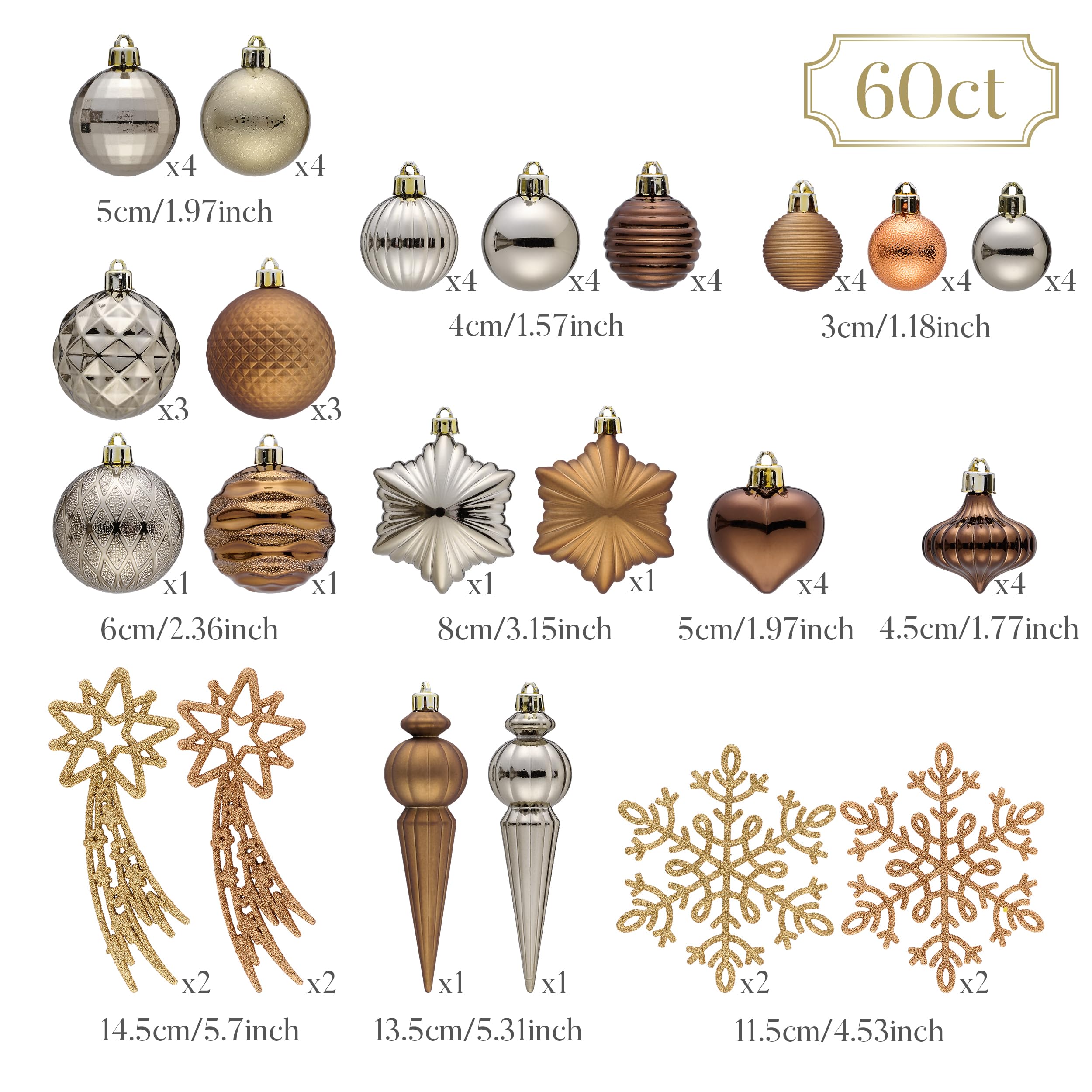 Valery Madelyn Lot de 60 boules de décoration pour sapin de Noël, bronze, cuivré, marron, doré, incassables à suspendre pour décoration de fête de Noël