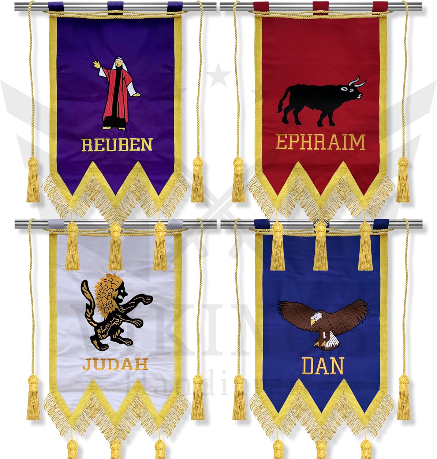 4-Piece Masonic Royal Arch Lodge Banners Set – Silk Embroidered Tribal Veil Flags with Gold Braid, Fringe & Hanging Tassels – Judah, Ephraim, Reuben, Dan