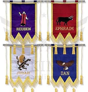 4-Piece Masonic Royal Arch Lodge Banners Set – Silk Embroidered Tribal Veil Flags with Gold Braid, Fringe & Hanging Tassels – Judah, Ephraim, Reuben, Dan