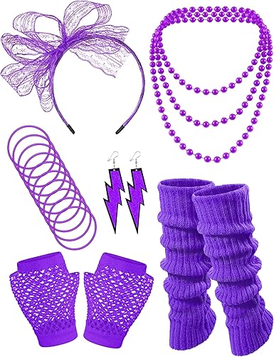 Accesorios para disfraz de los años 80, diadema, guantes de red, collar, pulsera, calentadores de piernas, conjunto de traje de fiesta