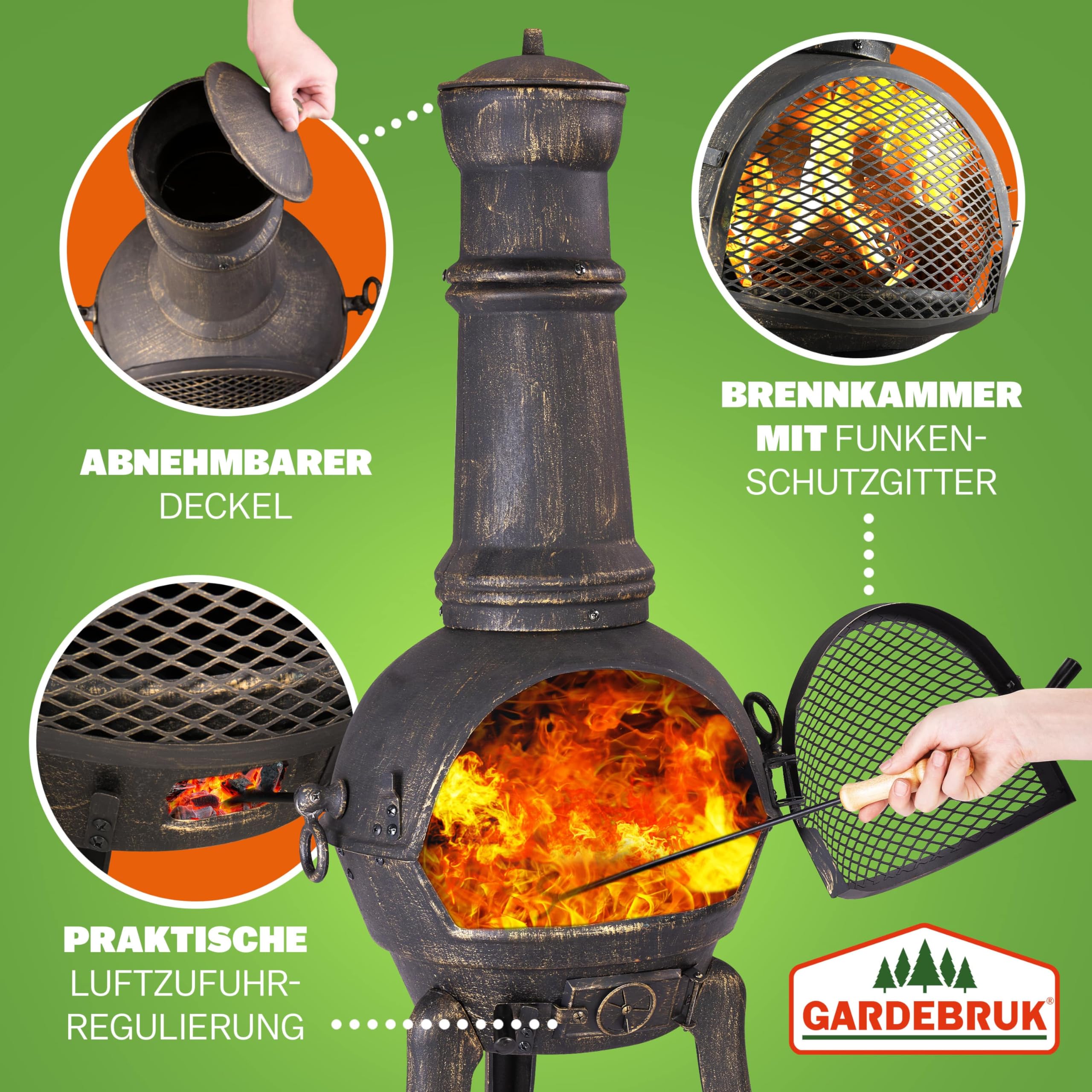 GARDEBRUK Terrassenofen Gusseisen 28kg Funkenschutz | Holz, 112cm, Garten, Terrasse, Outdoor, Wetterfest, Feuer, Kamin
