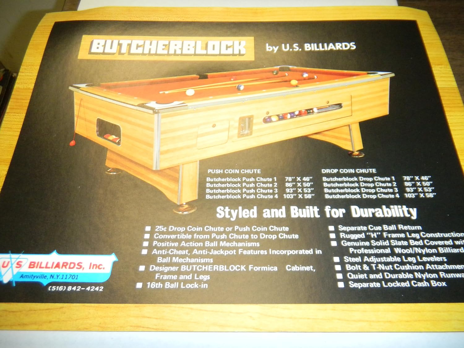 Vintage Butcherblock Pool Table 8x10 Advertising Sheet us billiards