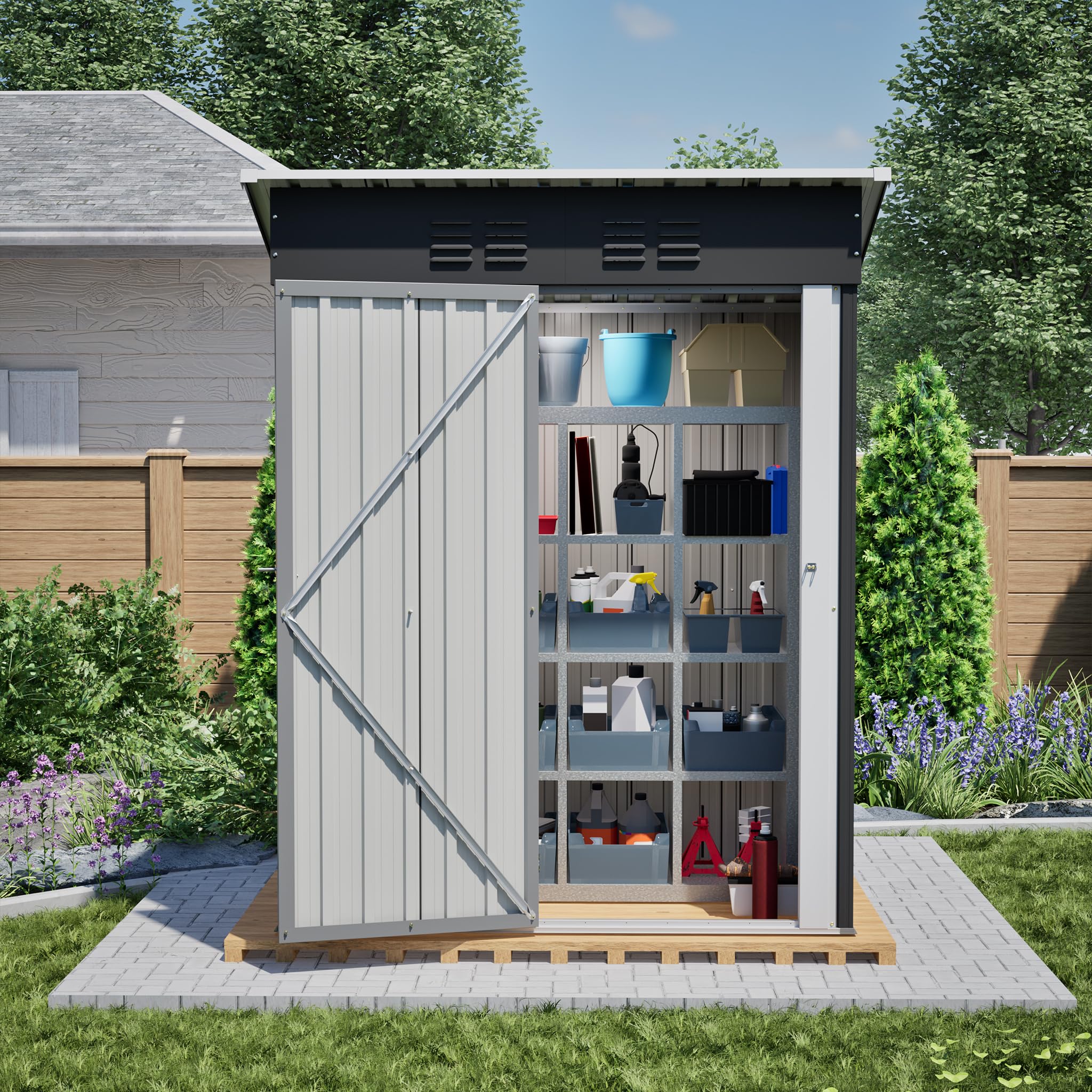 Casetta per attrezzi in metallo con tetto spiovente, in acciaio zincato a caldo con fondo, 230 x 180 cm, resistente agli agenti atmosferici come garage per biciclette, attrezzi da giardino e robot
