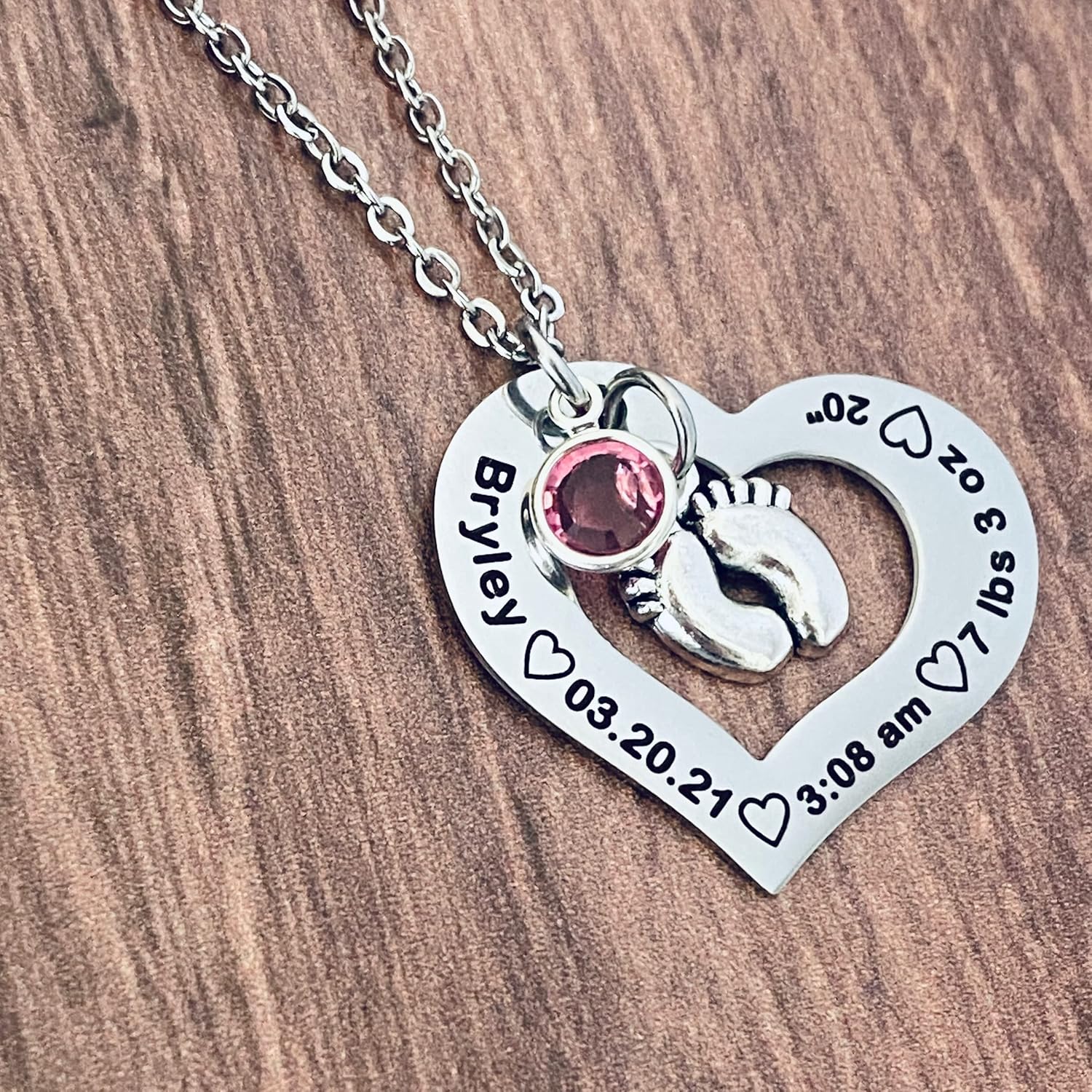 Personalized Open Heart Necklace for New Moms, Engraved Baby Birth Information Charm with Birthstone, Customizable Chain Style and Length, Perfect Mother's Day, Push Present or Birthday Gift