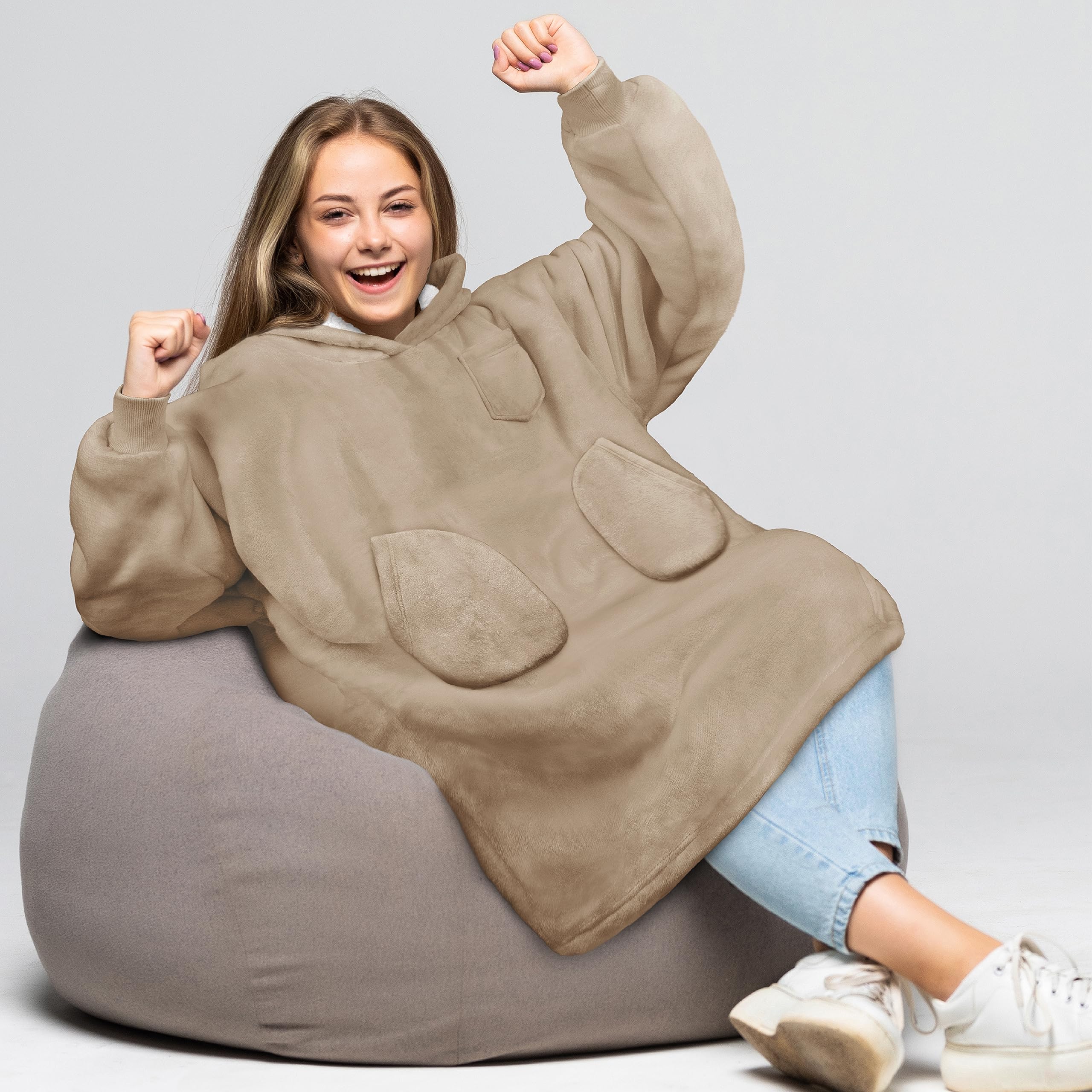 PAVILIA Coperta indossabile per bambini e bambine, calda e accogliente felpa con cappuccio gigante con due tasche, in pile Sherpa con cappuccio per adolescenti