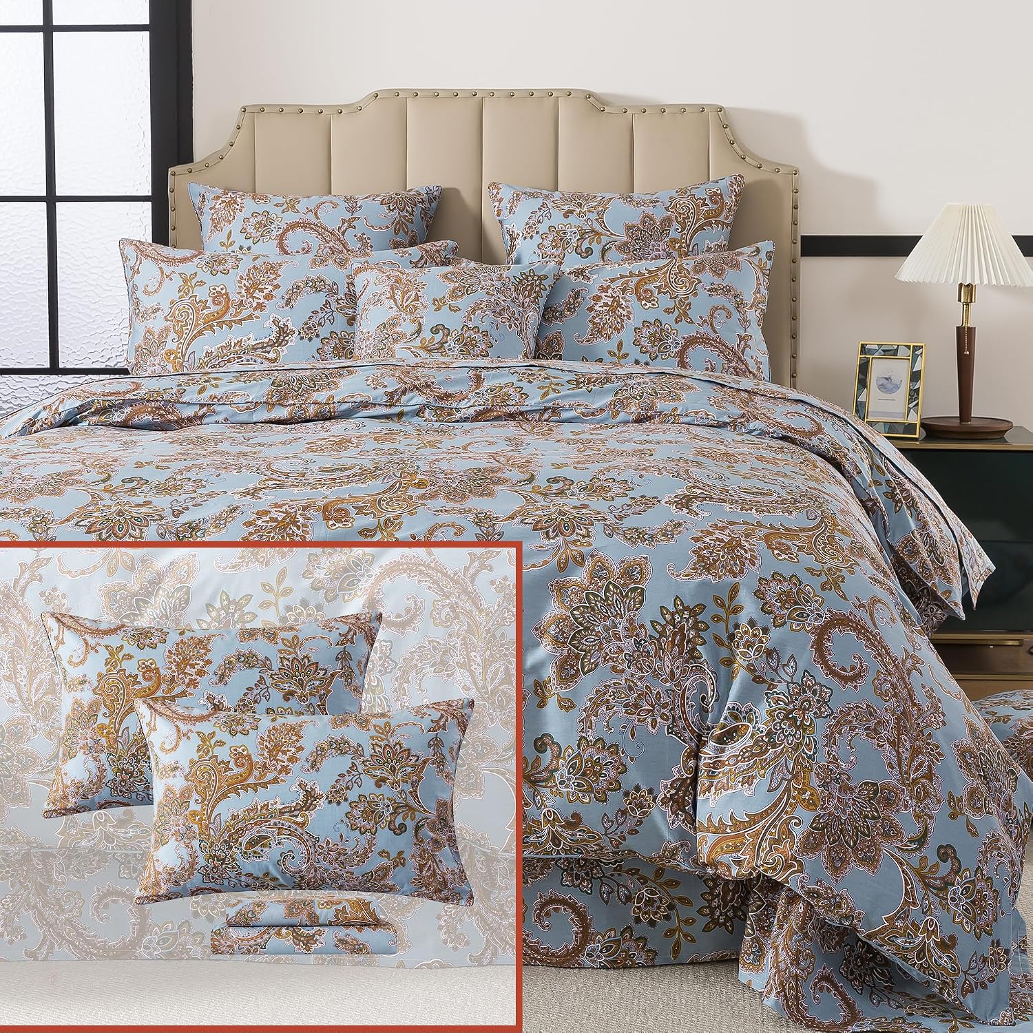 FADFAY Queen Sheets Set with Duvet Cover Set 7Pcs 100% Cotton Deep Pocket Fitted Sheet, Bed in a Bag(1 Duvet Cover, 1 Deep Pocekt Fitted Sheet, 1 Flat Sheet + 4 Pillowcase)