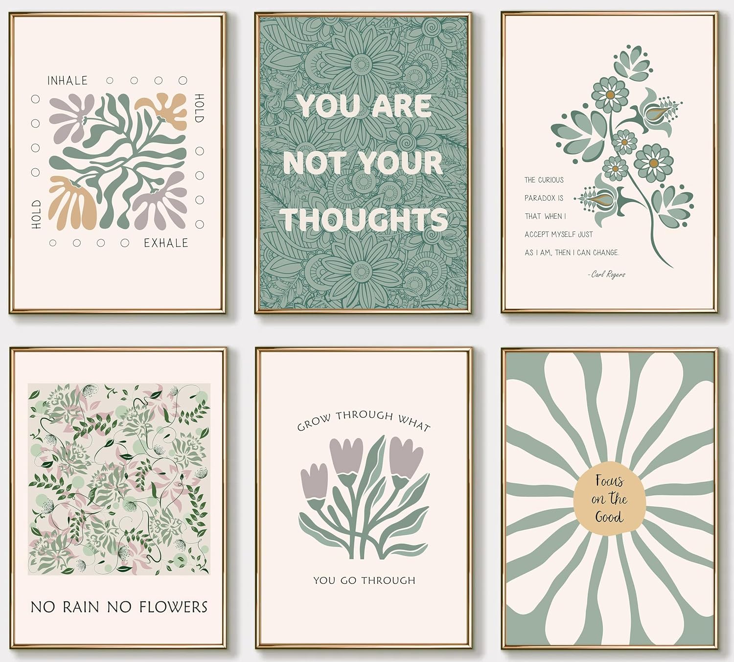 6 Pcs Mental Health Wall Art Psychology Therapy Motivational Quotes Green abstract Boho floral Pictures Poster Wall Decor Canvas Print Artwork for Bedroom Office Home Decoration