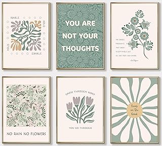 6 Pcs Mental Health Wall Art Psychology Therapy Motivational Quotes Green abstract Boho floral Pictures Poster Wall Decor Canvas Print Artwork for Bedroom Office Home Decoration
