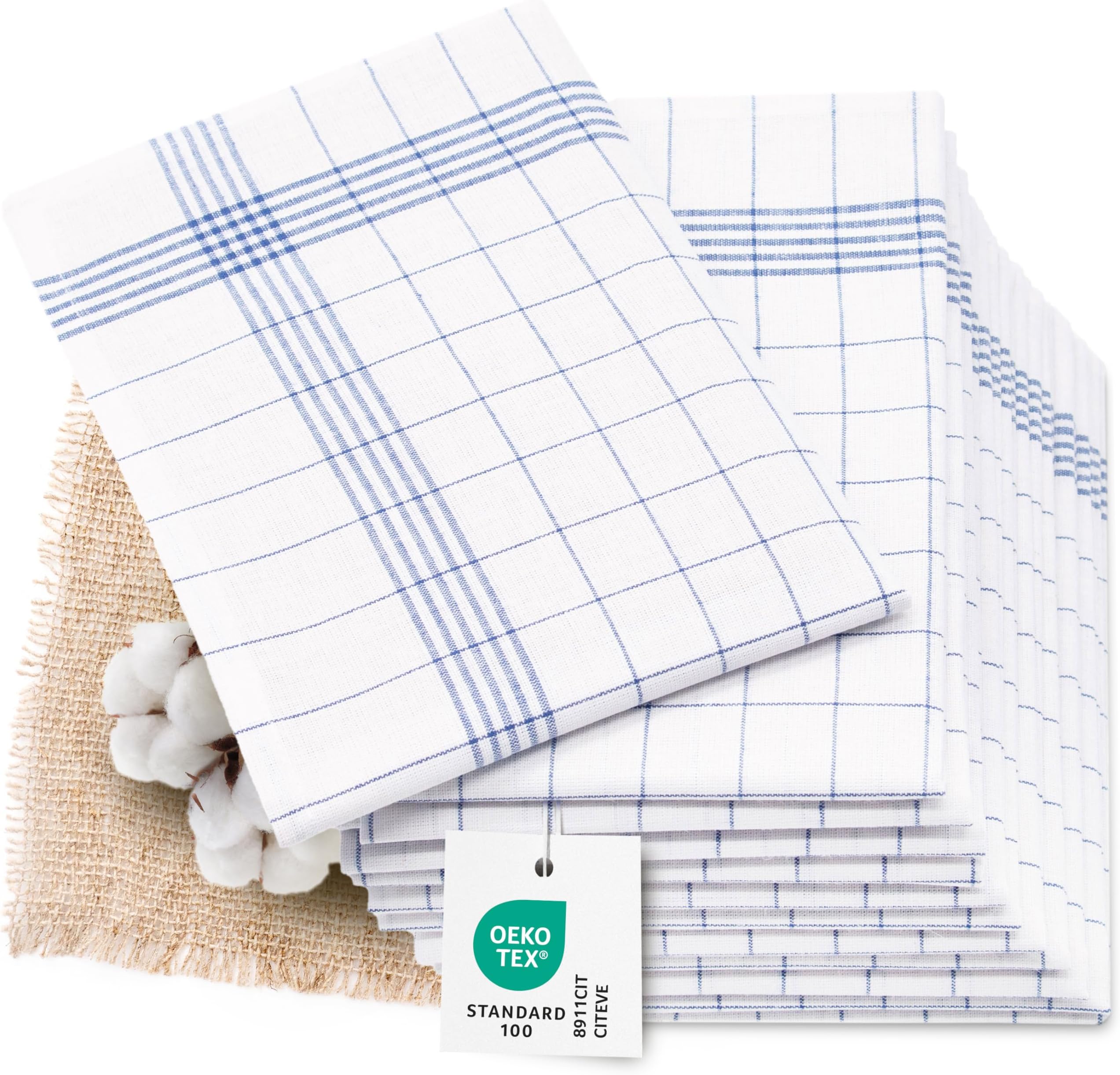 Lot 20 Torchons Vaisselle 50x70 Cm 100% Coton – Ultra Absorbants Carreaux Bleu, Qualité Oeko-Tex Premium