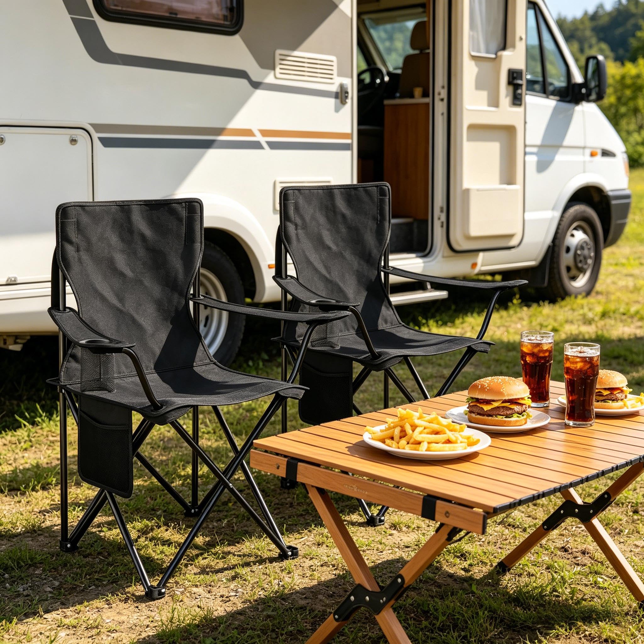 Siège de camping en métal robuste et tissu Oxford noir haute résistance lot de 2