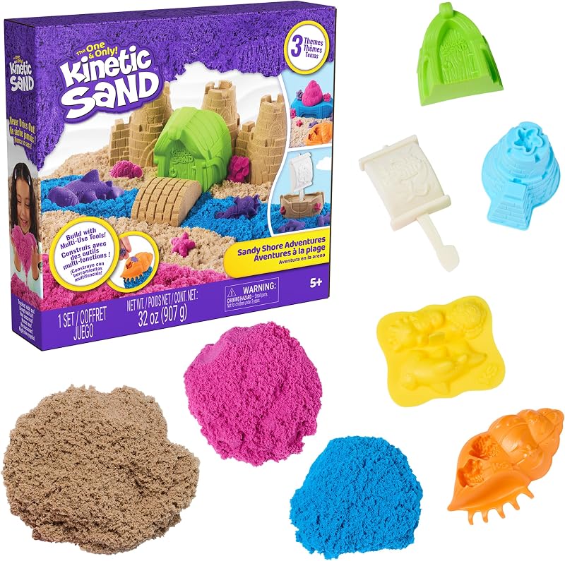 Sandy Shore Set, juguetes sensoriales de arena moldeables, a partir de 5 años | 3 en 1 para construir un castillo, una cueva o un barco pirata, arena de 32 oz, 5 moldes y herramientas, área de juegos creativa, regalos de cumpleaños para niños