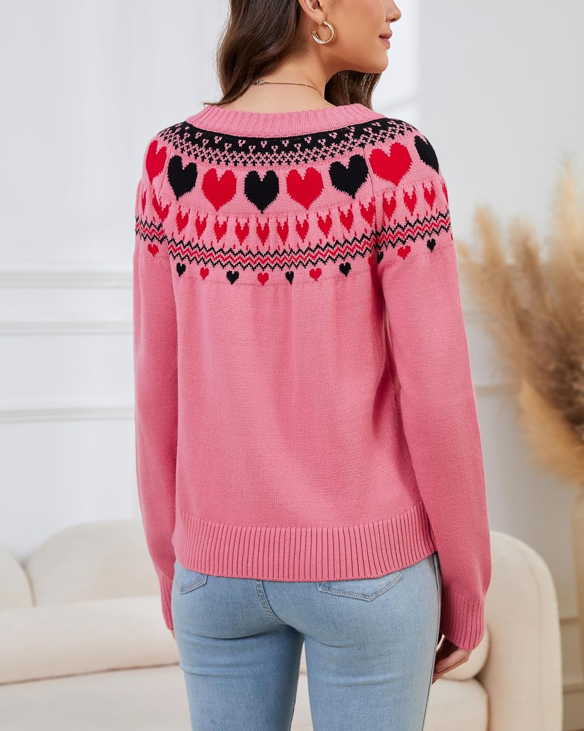 Women's Fair Isle Sweater Casual Long Sleeve Crewneck Cute Heart Knit Pullover Sweaters - Image 3