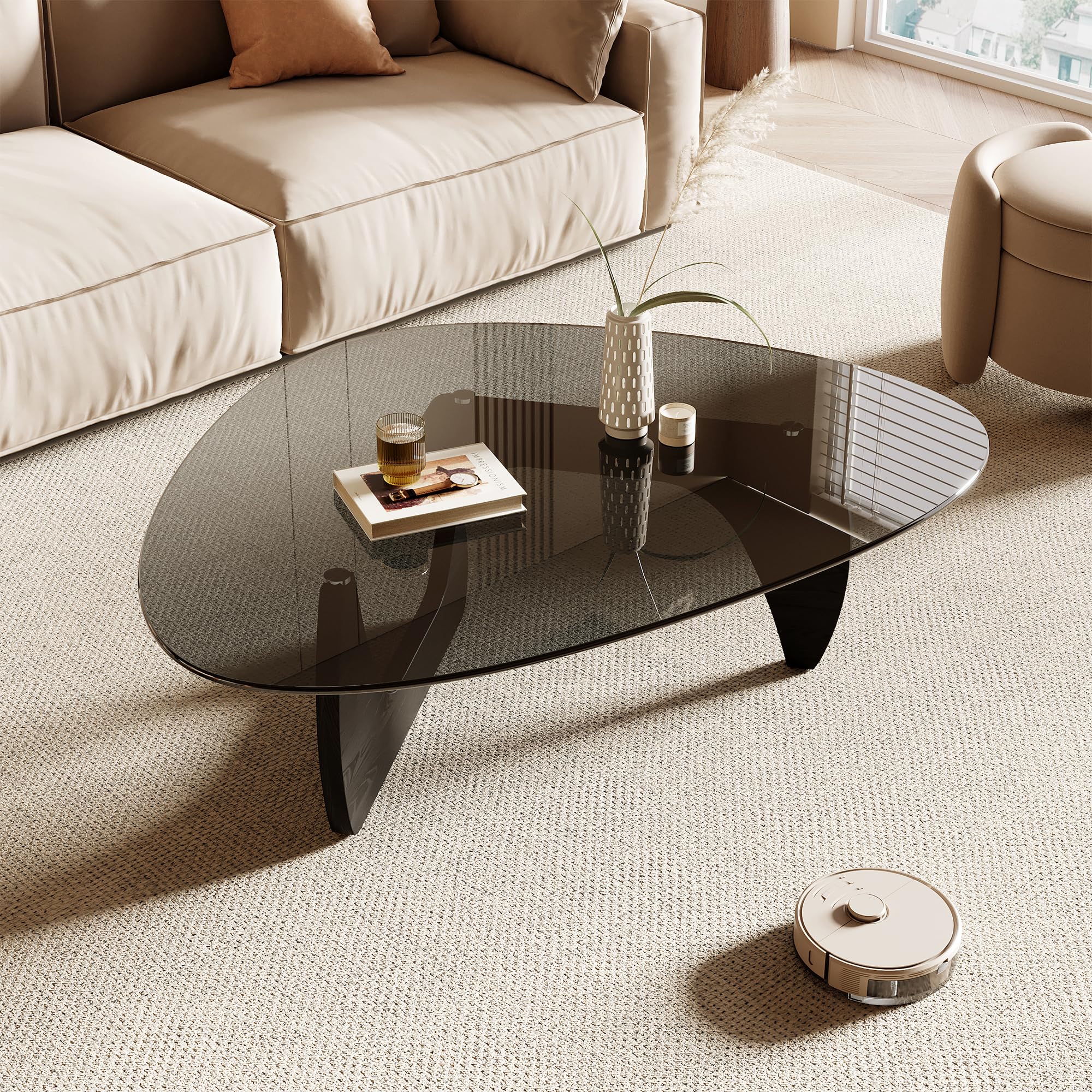 Honyee Modern Triangle Coffee Table - Glass & Wood, Black