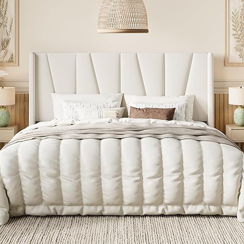 Miniatura 9 de SHA CERLIN Base de cama tamaño King con cabecera geométrica con respaldo de ala, cama de plataforma tapizada con espacio debajo de la cama de 8