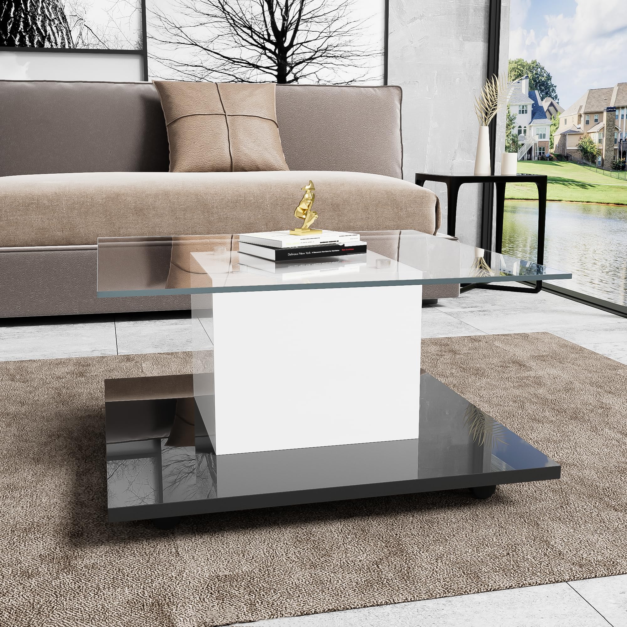 Couchtisch Hochglanz Glas Wohnzimmertisch Modern mit Rollen Beweglicher Kaffeetisch Beistelltisch für Wohnzimmer Lounge Design Teetisch Sofatisch Pflegeleicht Rechteckig Großer Tisch Grau