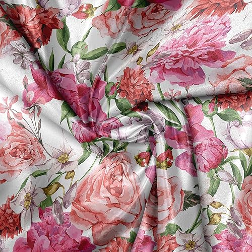 Miniatura 4 de Ambesonne The Yard, flores de jardín de primavera de verano con hojas y brotes, tela de satén decorativa para textiles para el hogar y manualidades,