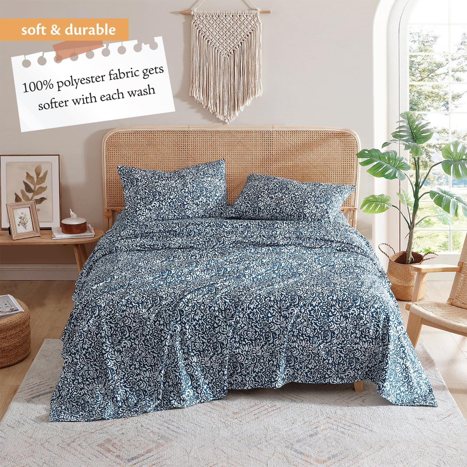 Indigo Ink - King Size Sheet Set, 4-Piece Boho Floral Damask Patterned Bedding, Soft & Wrinkle Resistant (Tufted Medallion Collection, Navy Blue) - Image 7
