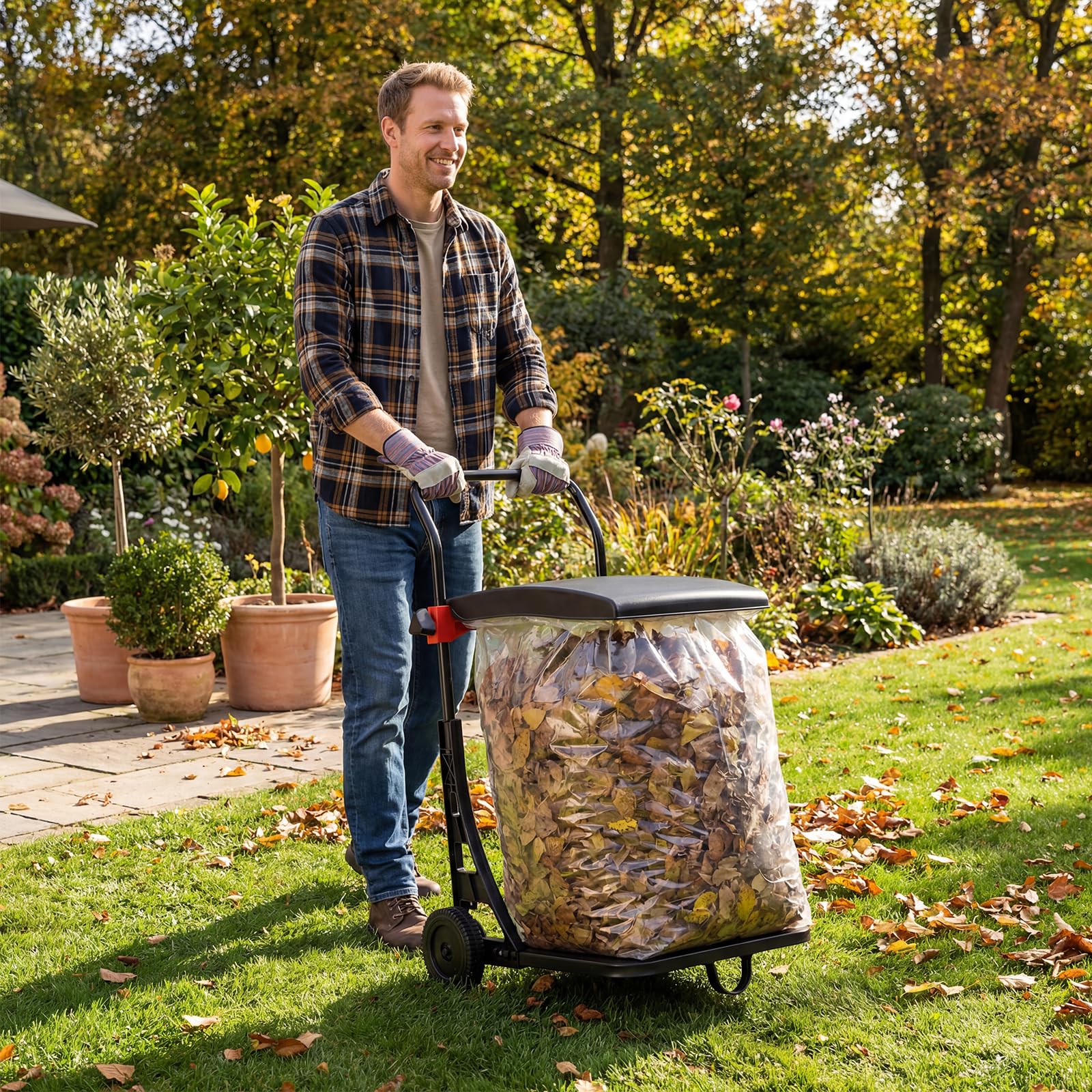 COSTWAY Chariot de Sac Poubelle de Jardin à roulettes, Porte-Sac Poubelle Support Réglable en Hauteur Couvercle Sécurisé Corde de Fixation Poignée et 2 roulettes, pour Feuilles Débris Déchets