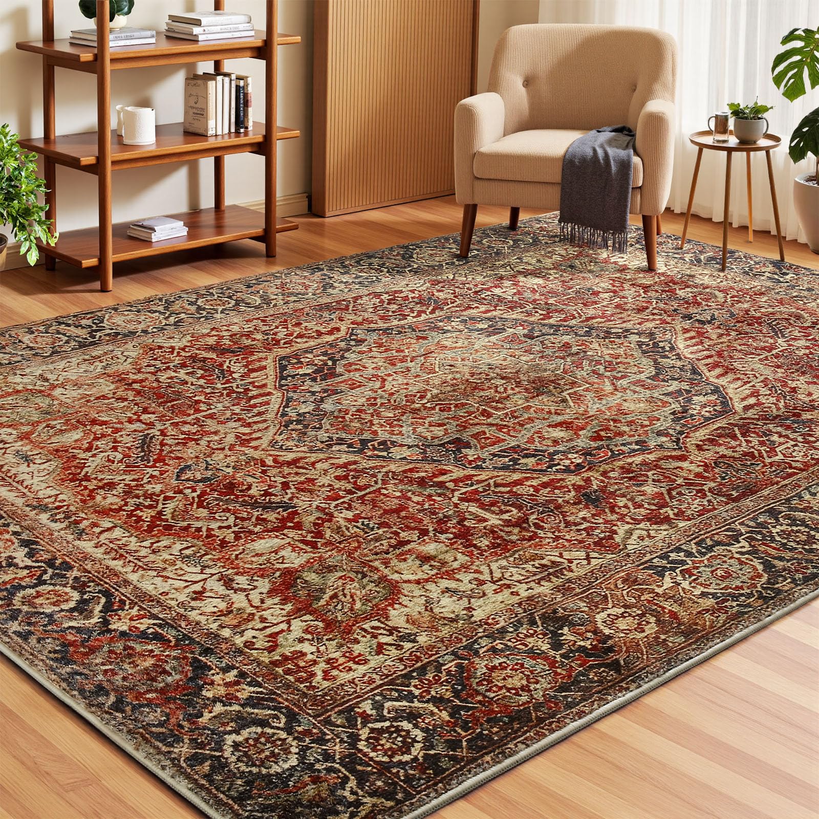 Tuocal Machine Washable Rugs Living Room 120x170cm, Vintage Rug Boho Area Rugs, Non-Slip Carpet Low Pile Non-Shedding Short Low Pile Rugs for Bedroom Kitchen Dining Room Bathroom Kids Room — image 1
