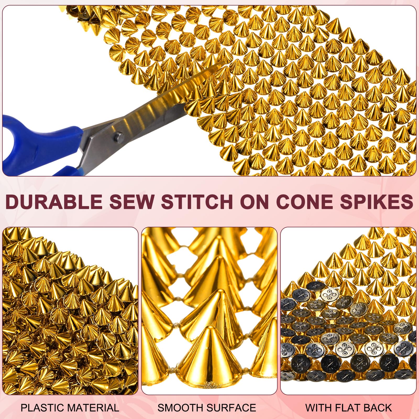 M METERXITY 0.5 Yard Sew Stitch on Spikes Stud Cone 12Rows Plastic Gold Spike Rivet with Flat Back Punk Rock Trim Mesh Bead for DIY Crafts/Clothes/Shoes/Bags - Image 2