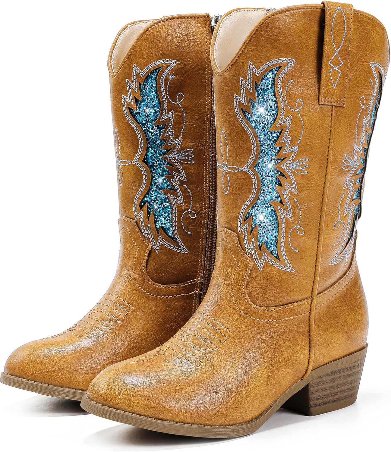 Sparkly Glitter Cowgirl Cowboy Boots for Girls Little Kids Mid Calf Zipper Pointed Toes Low Heel Western Embroidery Party Birthday Toddler to Big Kid