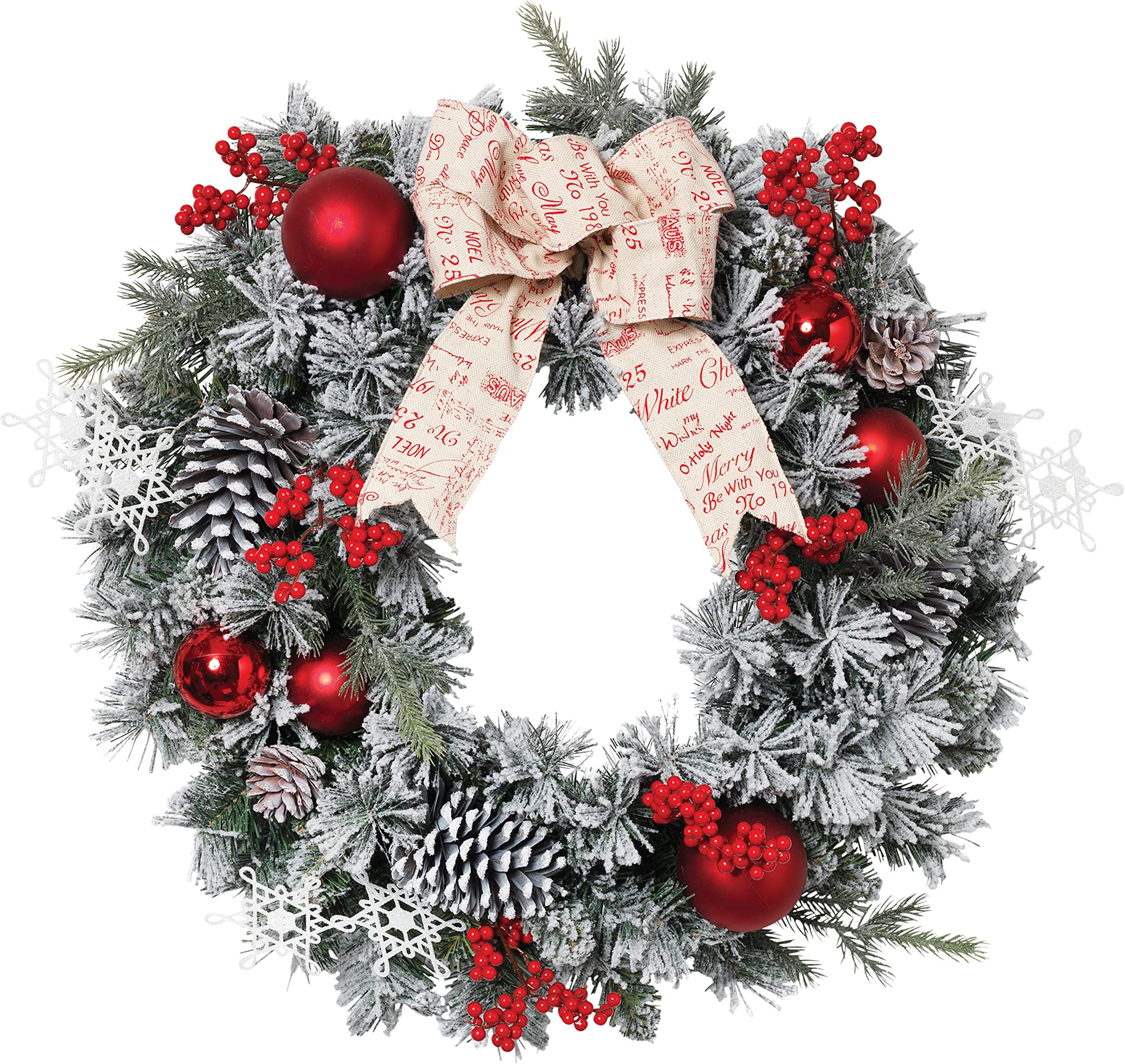 24 Inch Flocked Pine Wreath with Red Ball Ornaments, Berries and Bow - Artificial Pine Christmas Wreath