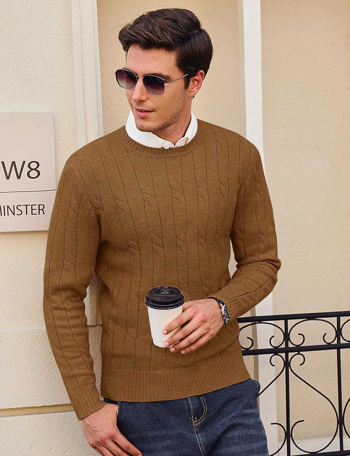 Cotrasen Men's Crewneck Sweater Cable Knit Pullover Sweater Casual Long Sleeve Twist Textured Sweaters - Image 2