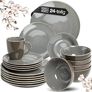 Moritz & Moritz SENSE 24-Piece Crockery Set for 6 People, Grey, Stylish Stoneware Crockery Set, Scratch, Microwave and Dishwasher Safe, Dining Set, Dinner Service, Crockery Service for 6 People