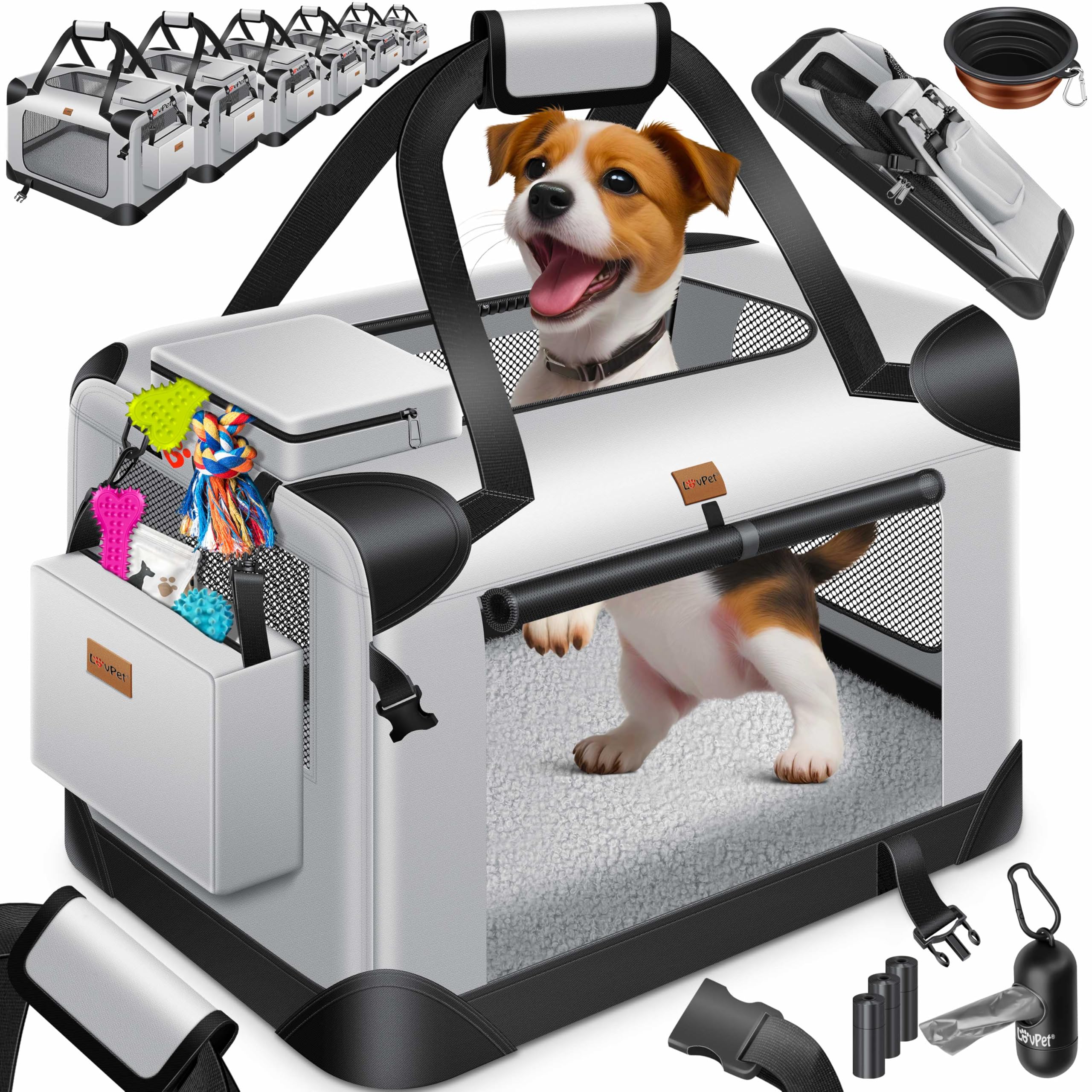 LOVPET® Trasportino per Cani Pieghevole - Box incl. Borsa per Il Trasporto e Ciotola - Per Cani e Gatti - Casetta per Il Trasporto di Animali Domestici, Grigio Chiaro, XL