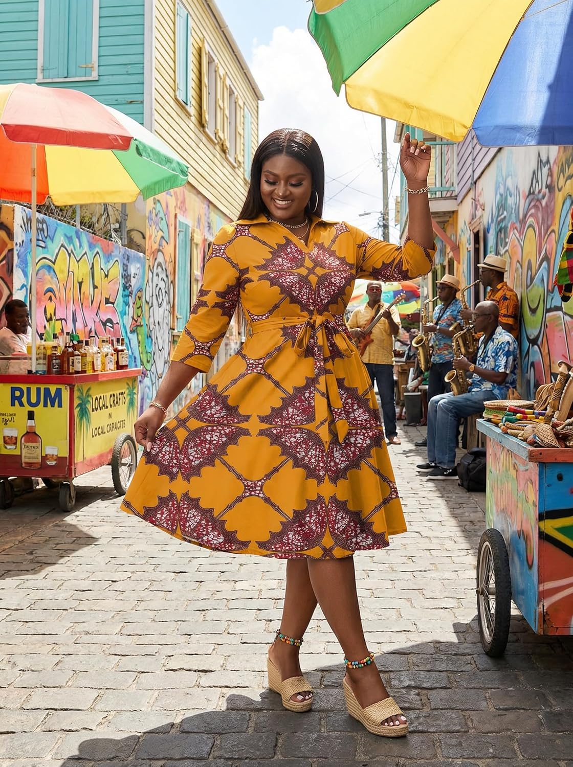 FANDEE Plus Size Midi Dress for Women - Printing Summer Dresses for Wedding Guest Cocktail Party 3/4 Sleeve V Neck（L-5XL） - Image 8