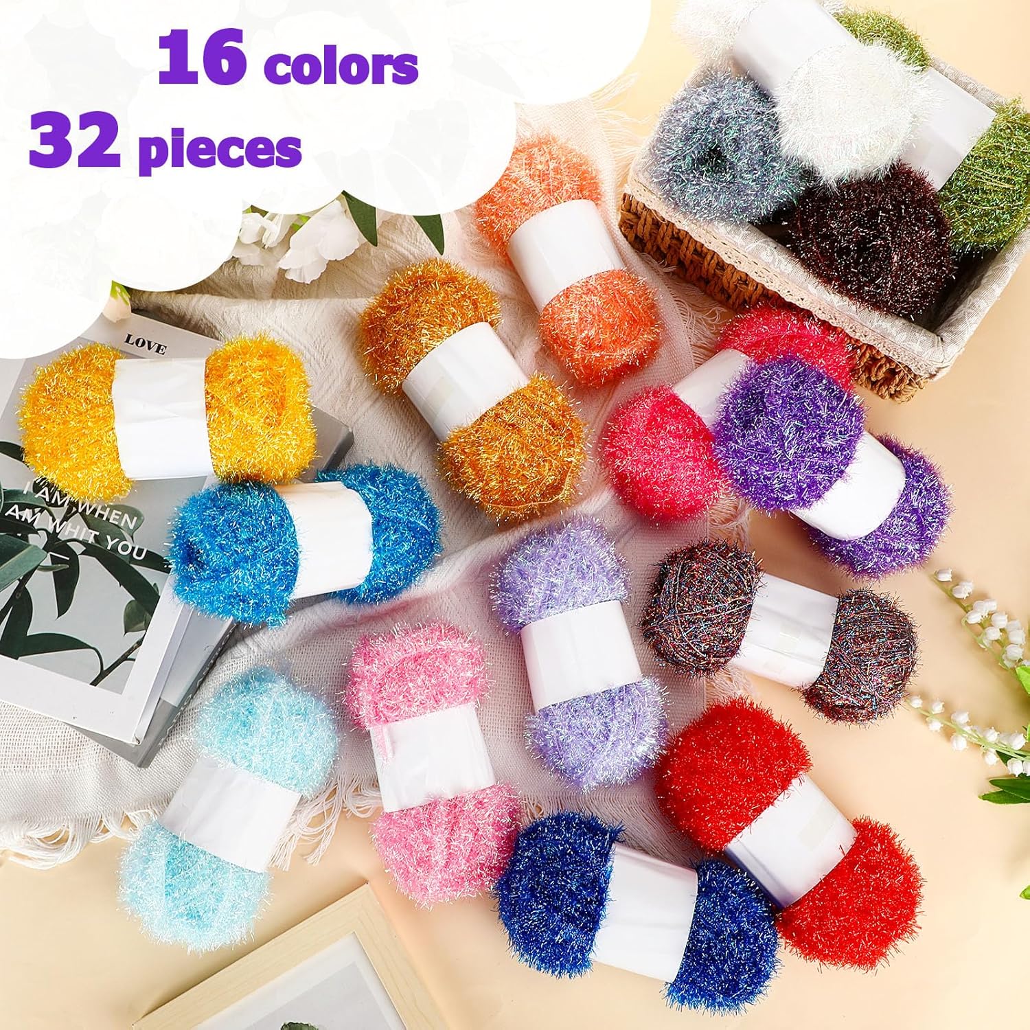 32 Skeins Yarn for Scrubbies 2624 Yard Colorful Sparkly Bilateral Assorted Polyester Rainbow Crochet Soft Crochet Yarn Craft Kit, 82 Yards Each