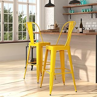Merrick Lane Dothan Series Bar Height Stool - Yellow Finish - Metal Frame with Cross Bracing - Convenient Removable Back - Integrated Footrest