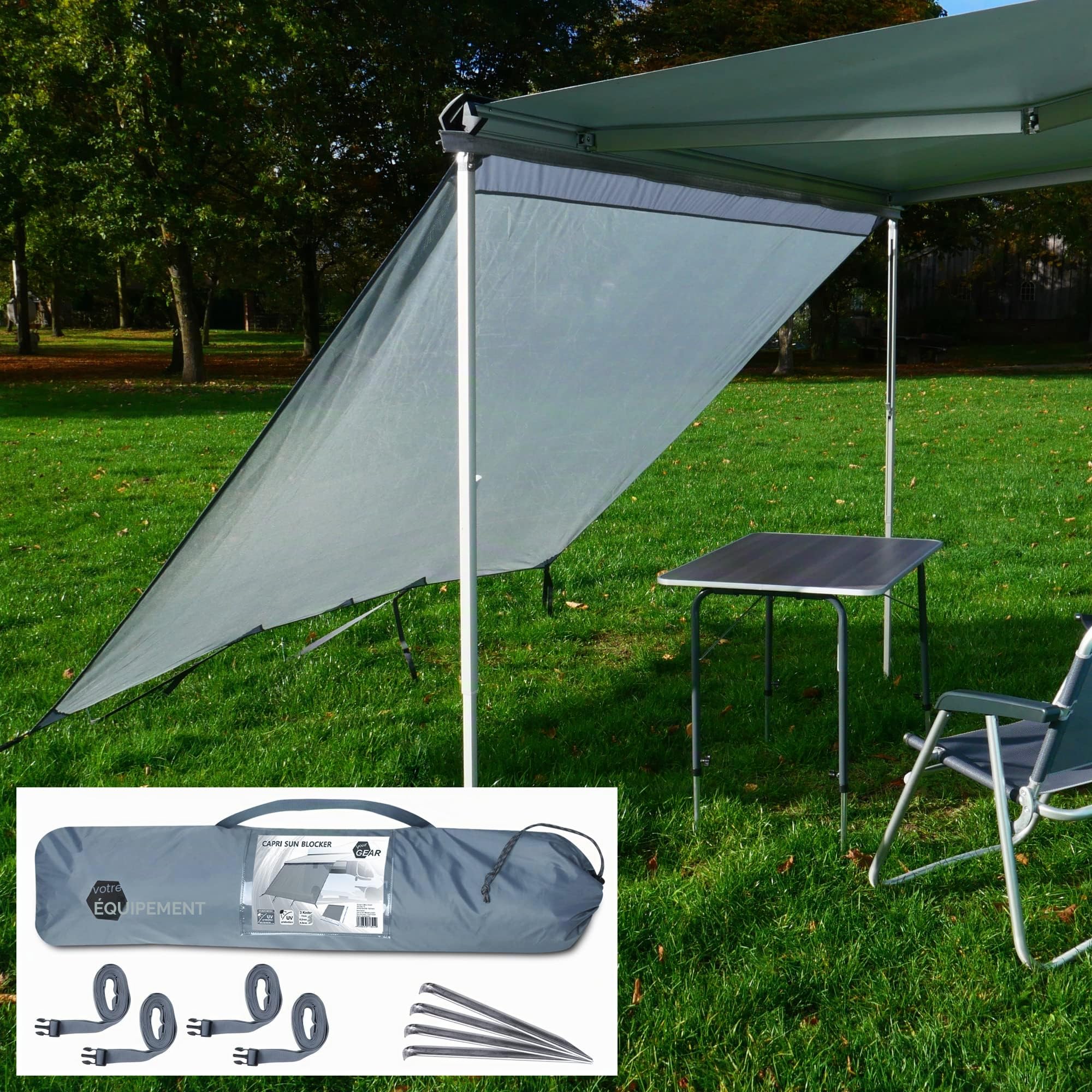your GEAR Capri Sun Blocker Paroi avant et parois latérales perméable au vent pour auvent, protection visuelle et protection solaire, 3 passepoils, diamètre 4,3, 6,2 et 7 mm, largeurs de 240 à 480 cm