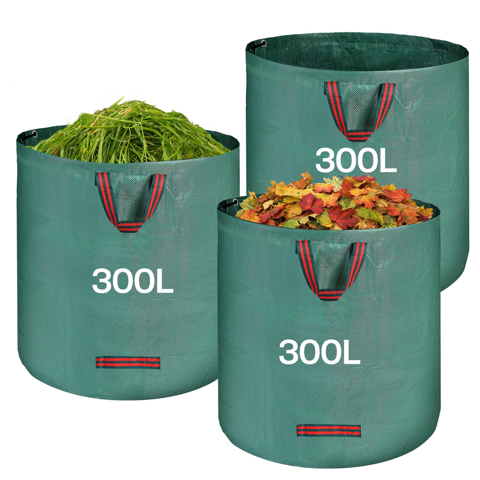 QOEOTUY Gartensack 3X 300L - Gartenabfallsack Stabi mit 4 Griffe - Wasserdicht & Faltbar & Wiederverwendbare - Laubsack selbststehend für Gartenabfälle Rasenschnitt Unkraut