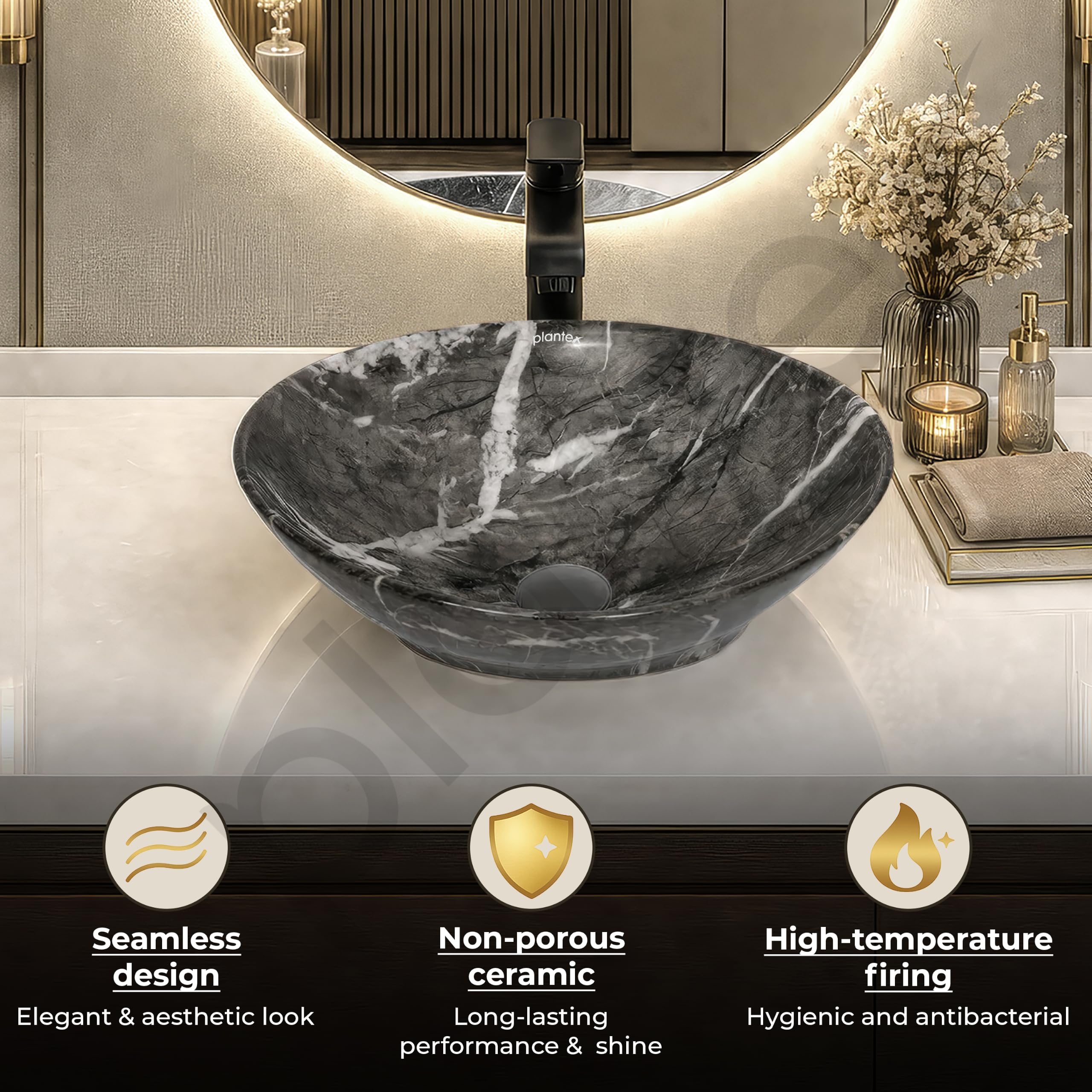 Plantex Ceramic Wash Basin for Bathroom/Table Top Ceramic Basin/Washbasin for Bathroom (BOAT-NS-551-Marble Finish, 16 x 13 x 5.5 Inch) 3