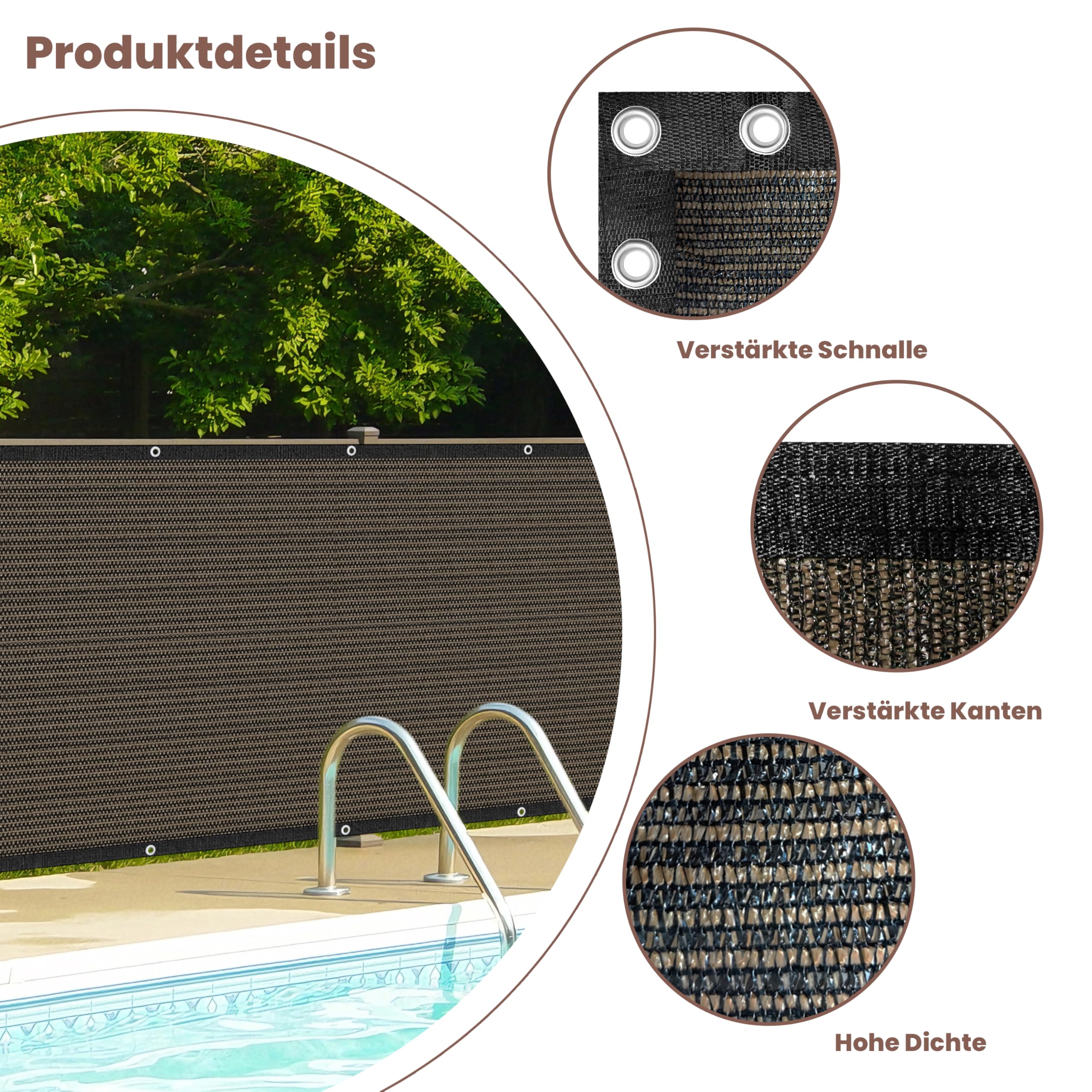 Zaunblende Sichtschutz Braun-Schwarz,1.5x10m, Sichtschutzzaun 90% HDPE-Schattennetz für den Außenbereich, mit Löchern und Kabelbindern, UV-beständiges, reißfestes Sonnenschutznetz