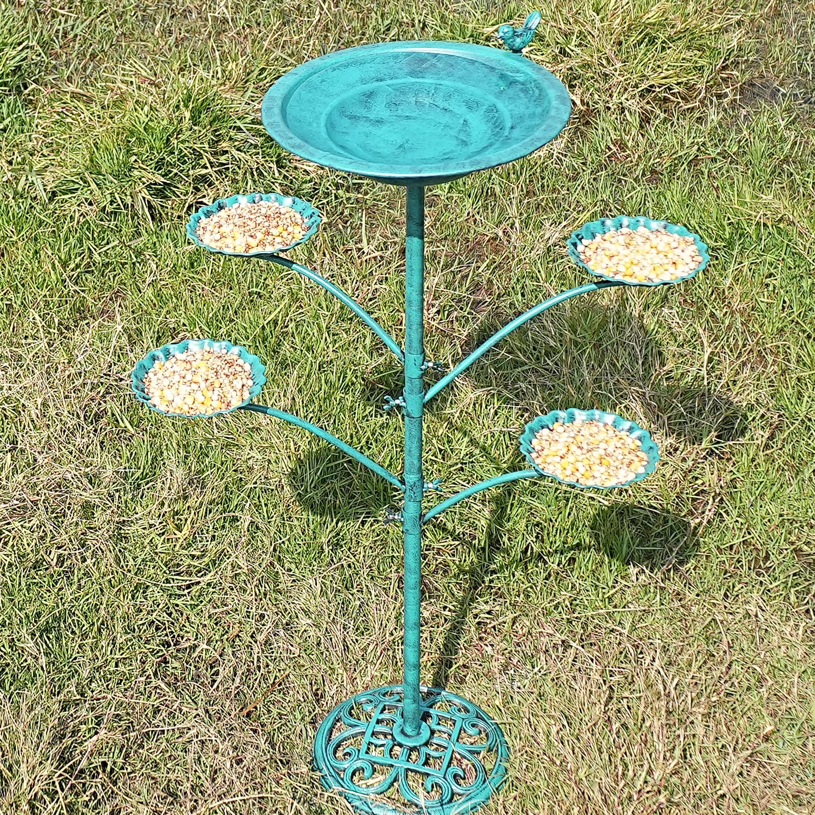 HOUYANG Vogeltränke aus Metall, 89,9 cm hoch, für draußen, stehender Vogelfutterspender | Gusseisen-Basis, Metall-Vogeltränke, Garten, Terrasse, Dekoration (grün)