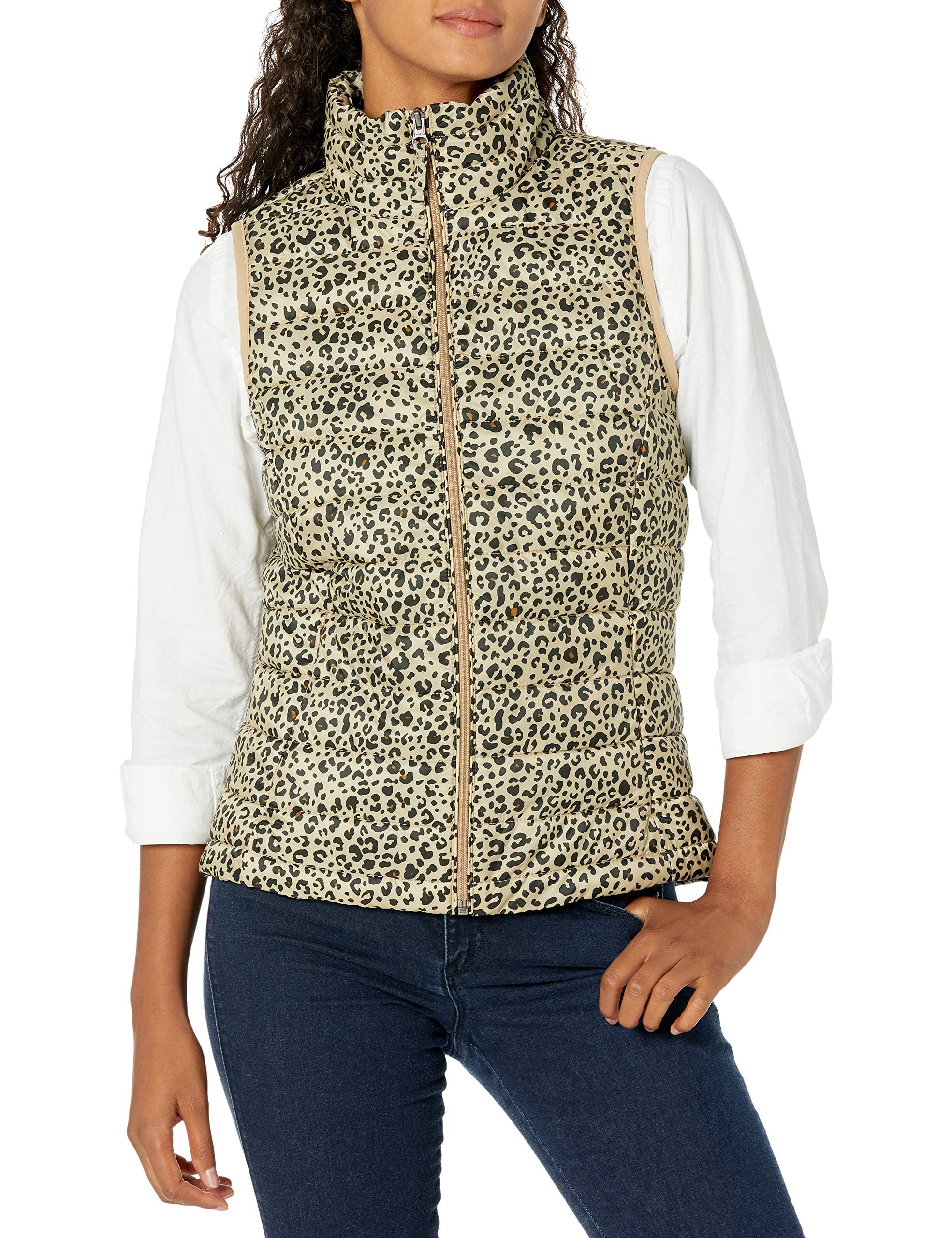 Amazon Essentials Piumino Smanicato Ripiegabile Impermeabile Leggero Donna, Cammello Chiaro Stampa Leopardata, L